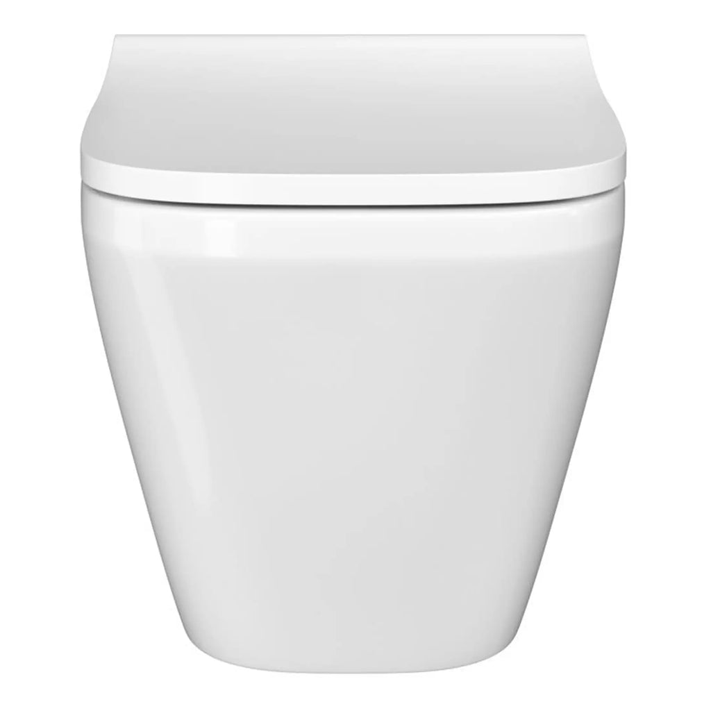 Sleek white modern toilet with a closed lid, designed for contemporary bathrooms, highlighting hygiene and style. Perfect for bathroom renovation or upgrades focusing on comfort and aesthetics.
