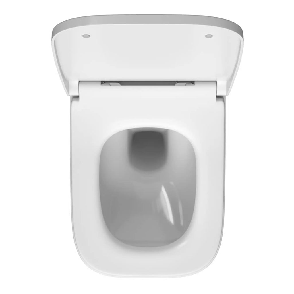 Toilet with automatic lid and modern design from Bubly Bathrooms, perfect for contemporary bathrooms. Featuring water-efficient flushing technology and sleek white finish.