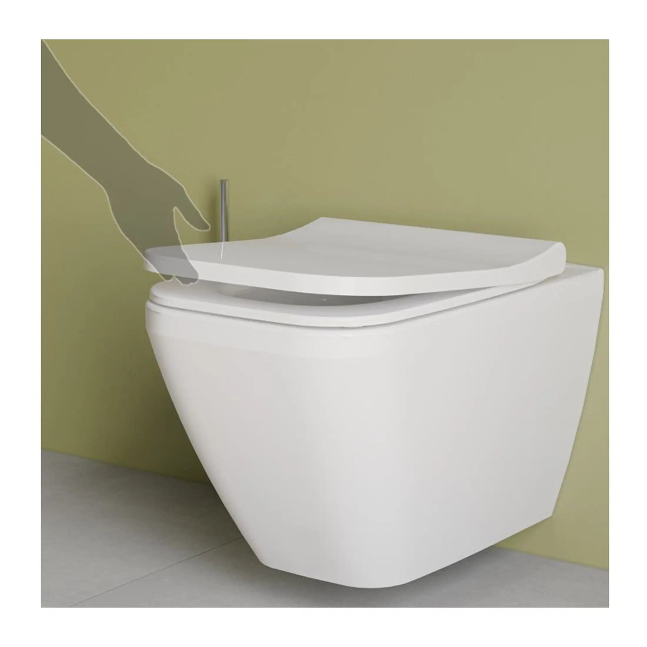 Sleek modern wall-mounted toilet with a soft-close lid, designed for contemporary bathrooms, featuring innovative bidet functionality and water-saving features.
