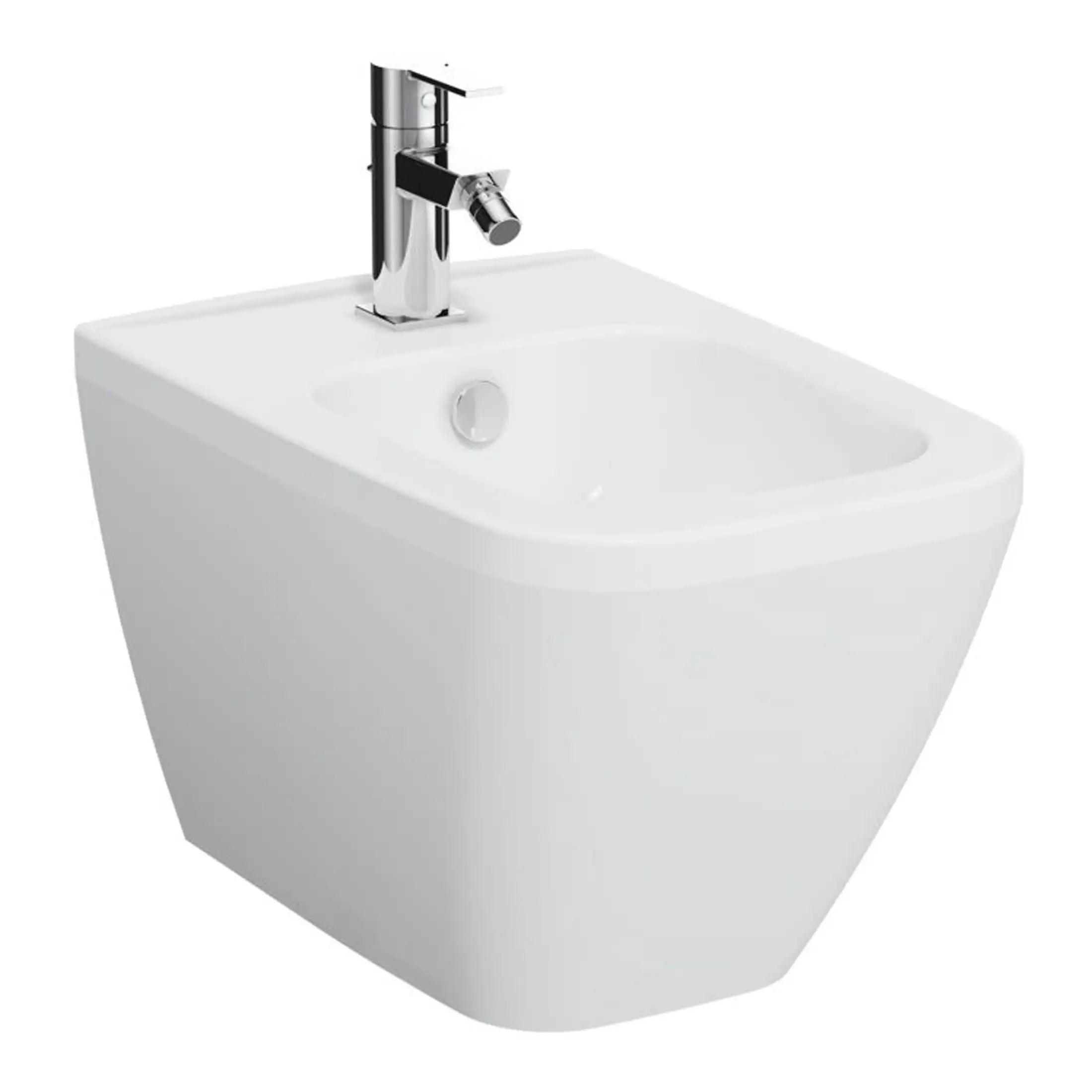 Sleek white bathroom bidet with modern chrome faucet and compact design, perfect for contemporary bathrooms and premium bathroom fixtures.