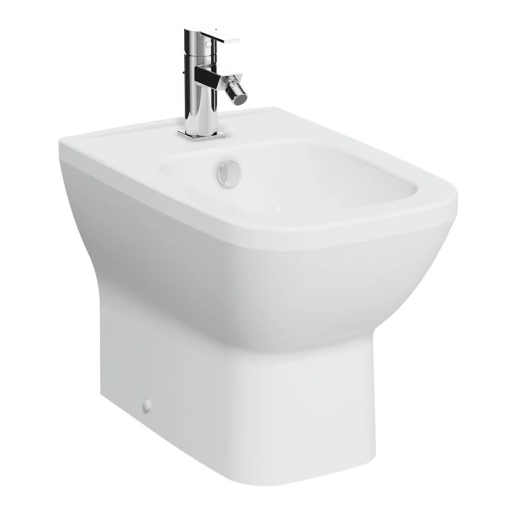 White ceramic bidet with chrome faucet, modern bathroom fixture, viewed from front, ideal for contemporary bathroom designs.