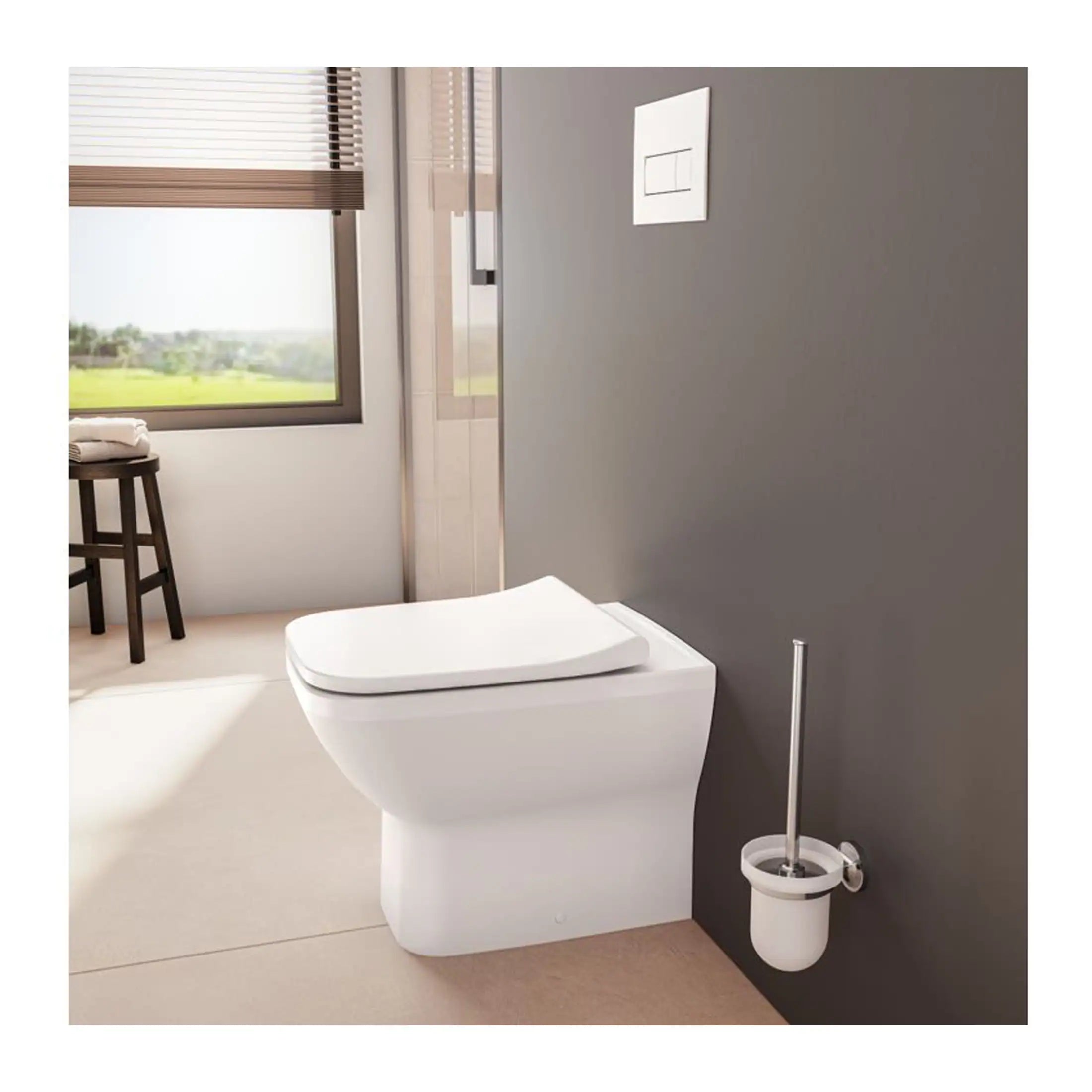 Sleek modern toilet with integrated bidet in a minimalist bathroom setting featuring natural light, neutral tones, and elegant fixtures.