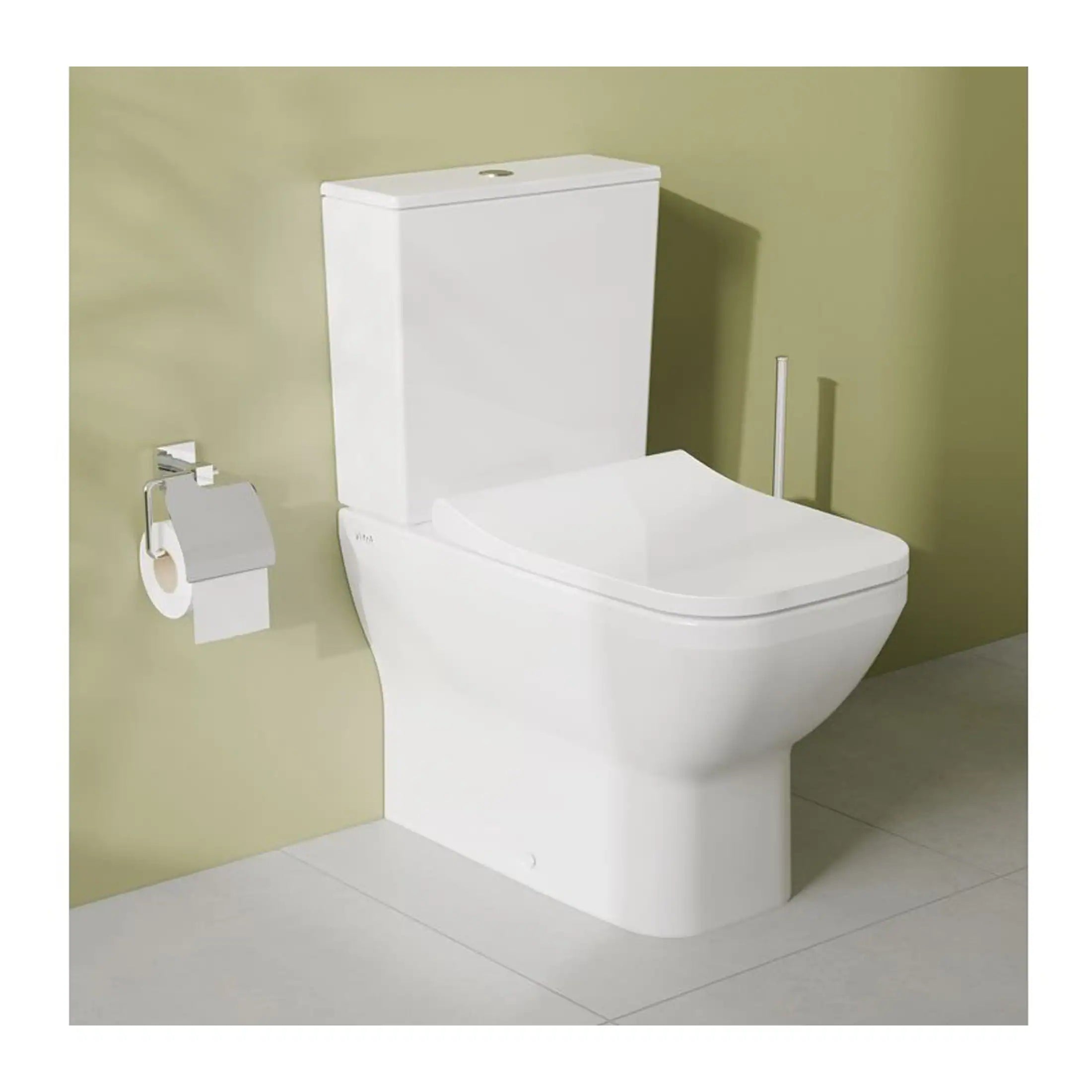 Contemporary white ceramic toilet with dual-flush system, installed in a modern bathroom with pale green wall, accompanied by a toilet paper holder and sleek design for stylish bathroom fixtures.