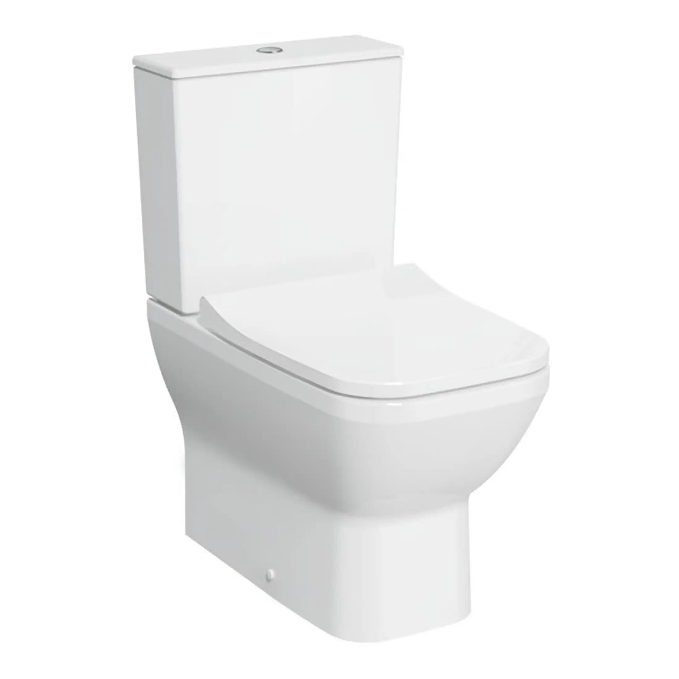 Sleek white modern close-coupled toilet with dual flush system, ideal for contemporary bathroom renovations and water-saving solutions. Perfect for stylish and functional bathroom designs.
