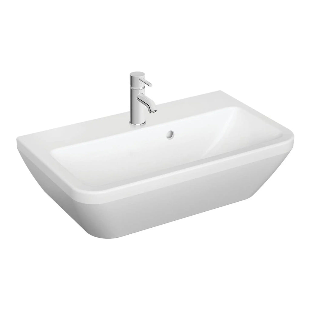 Sleek white wall-mounted bathroom sink with modern chrome tap, ideal for contemporary bathroom designs, featuring a spacious basin and smooth edges.