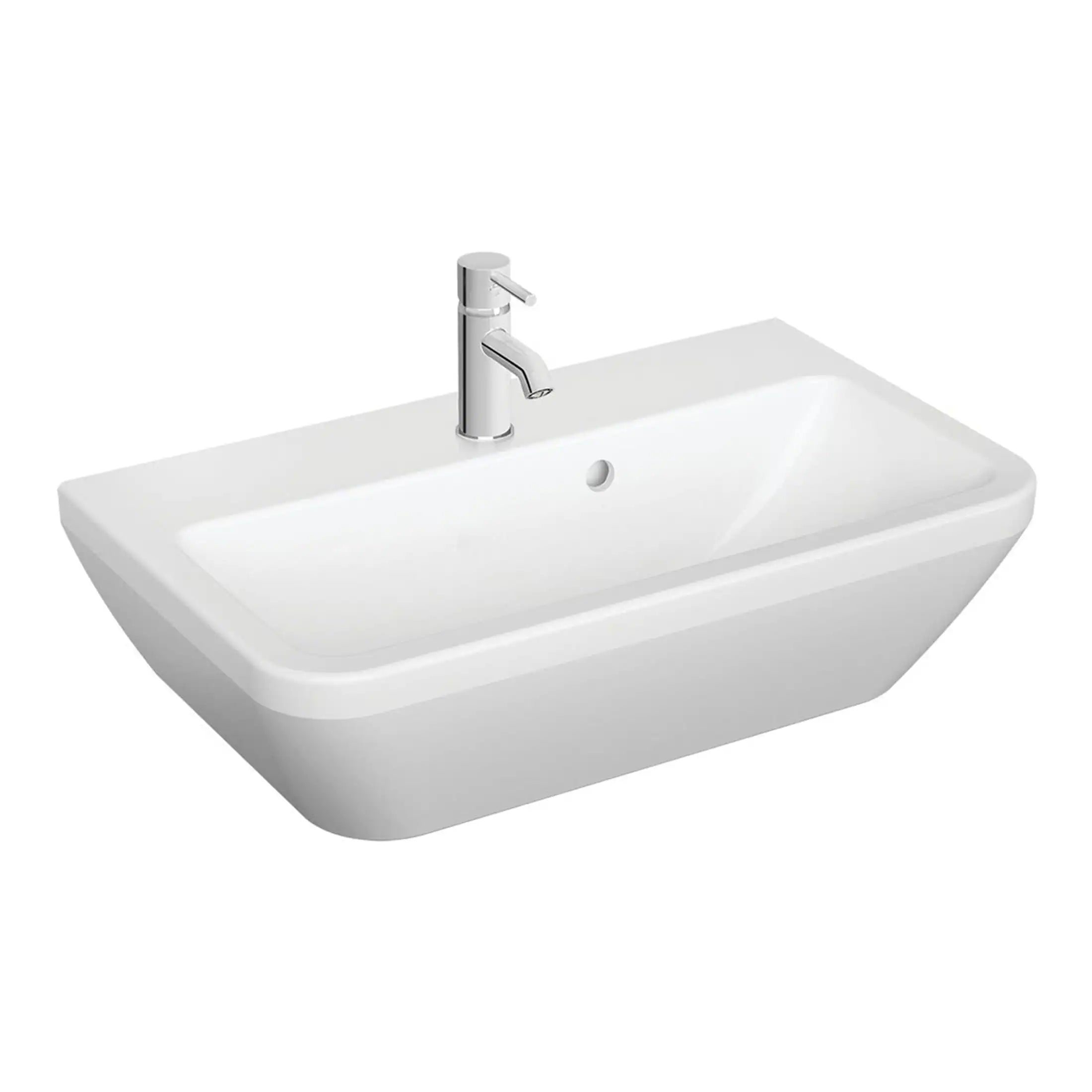Sleek white wall-mounted bathroom sink with modern chrome tap, ideal for contemporary bathroom designs, featuring a spacious basin and smooth edges.