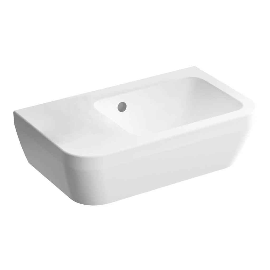 Sleek white rectangular bathroom sink with smooth curves and modern design, ideal for contemporary bathroom installations. Perfect for creating a clean and minimalist look in bathrooms.