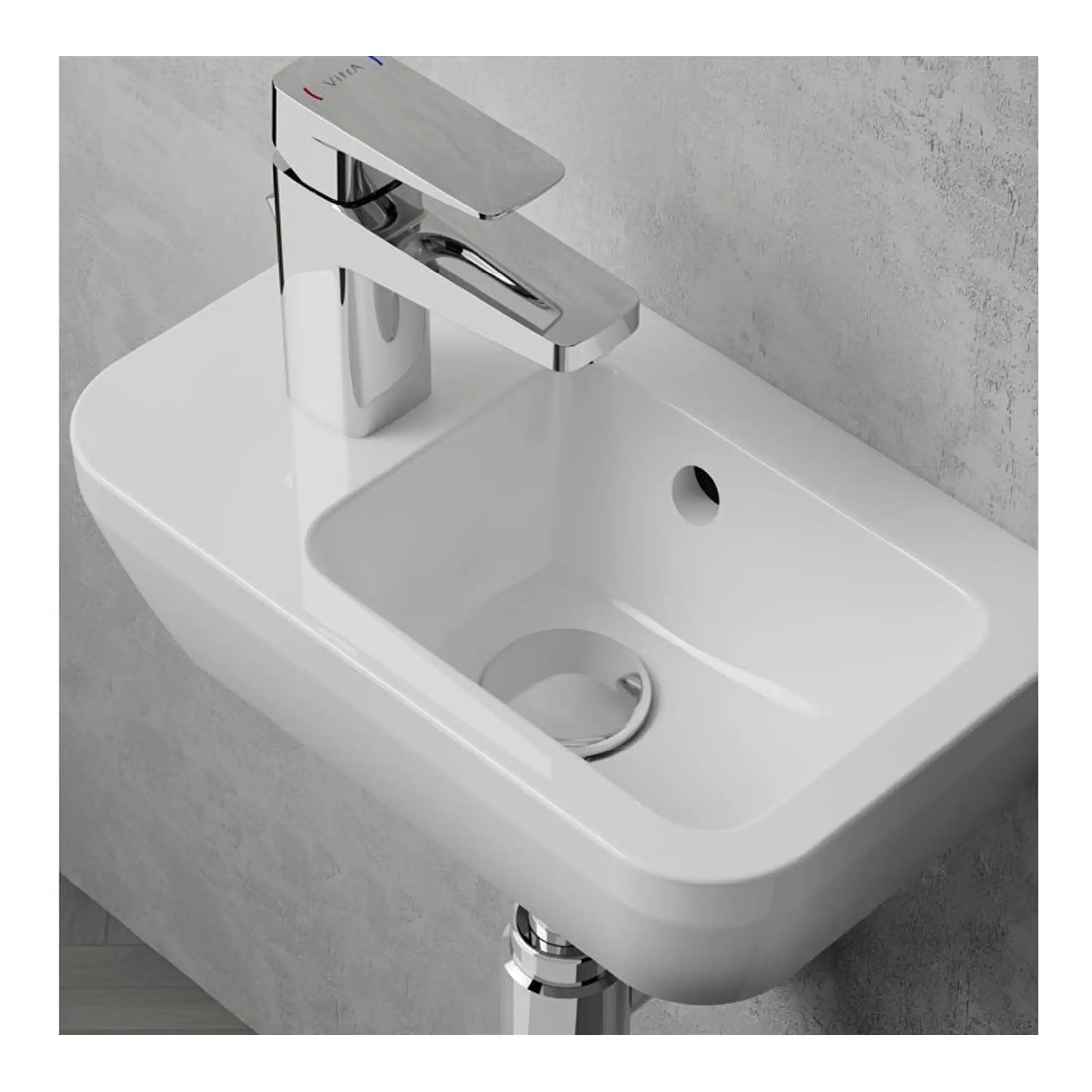 Sleek white bathroom sink with modern chrome faucet, wall-mounted with a small drain and overflow hole, designed for stylish and functional bathroom decor.
