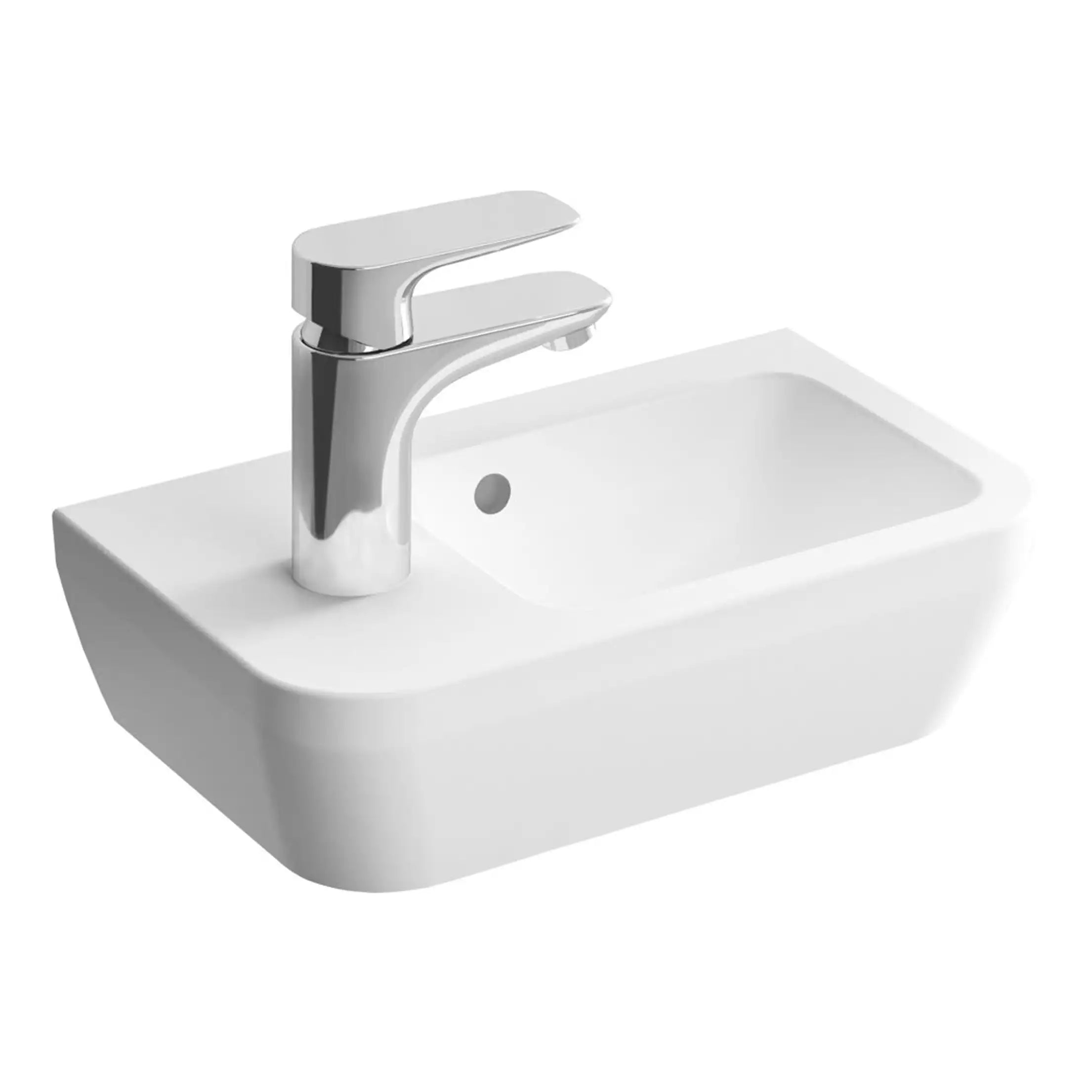 Chrome bathroom sink with modern mixer tap, sleek white rectangular ceramic basin for contemporary bathroom decor.