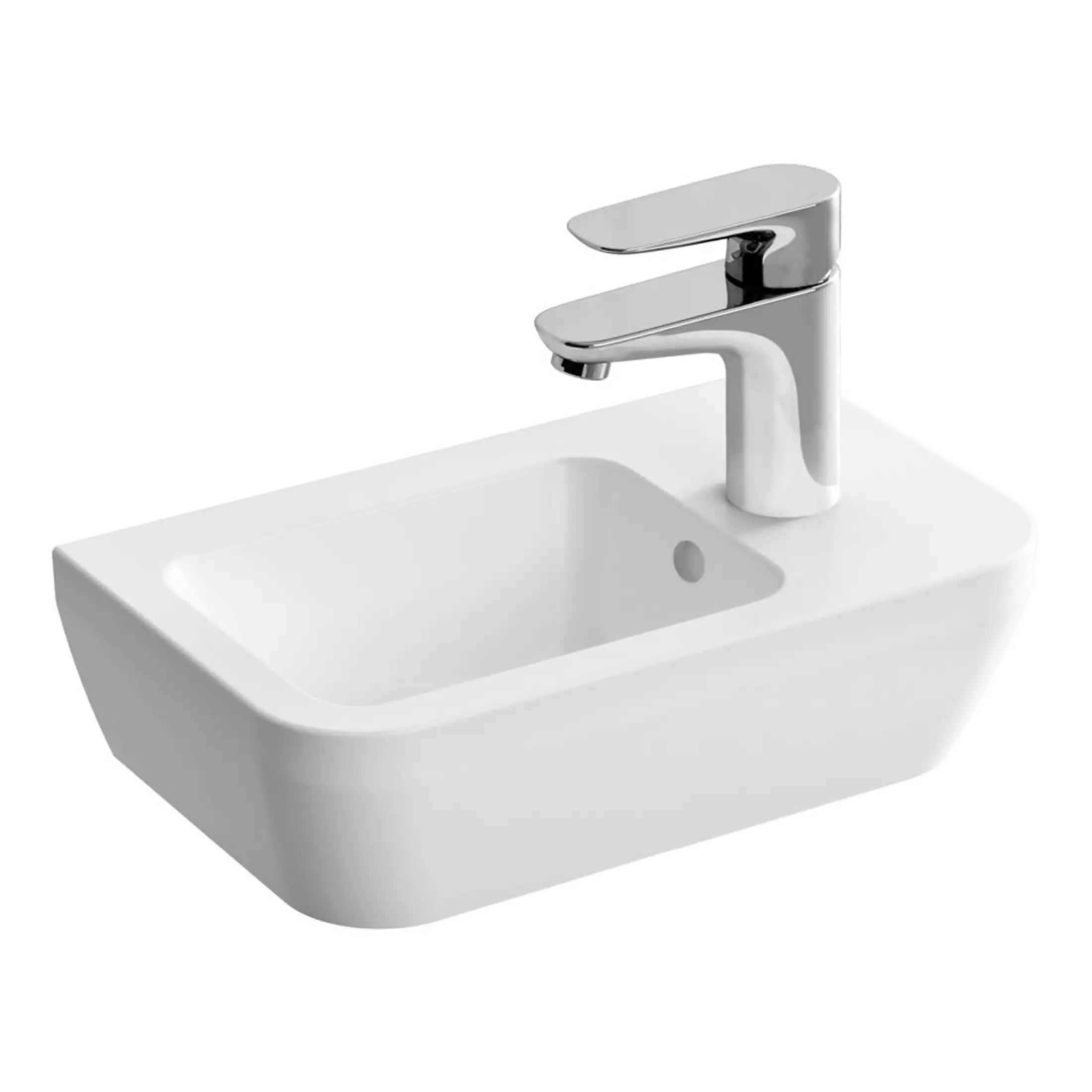 Sleek white bathroom sink with modern chrome faucet, ideal for contemporary bathroom designs. Compact and functional, perfect for small spaces or as a stylish bathroom feature.