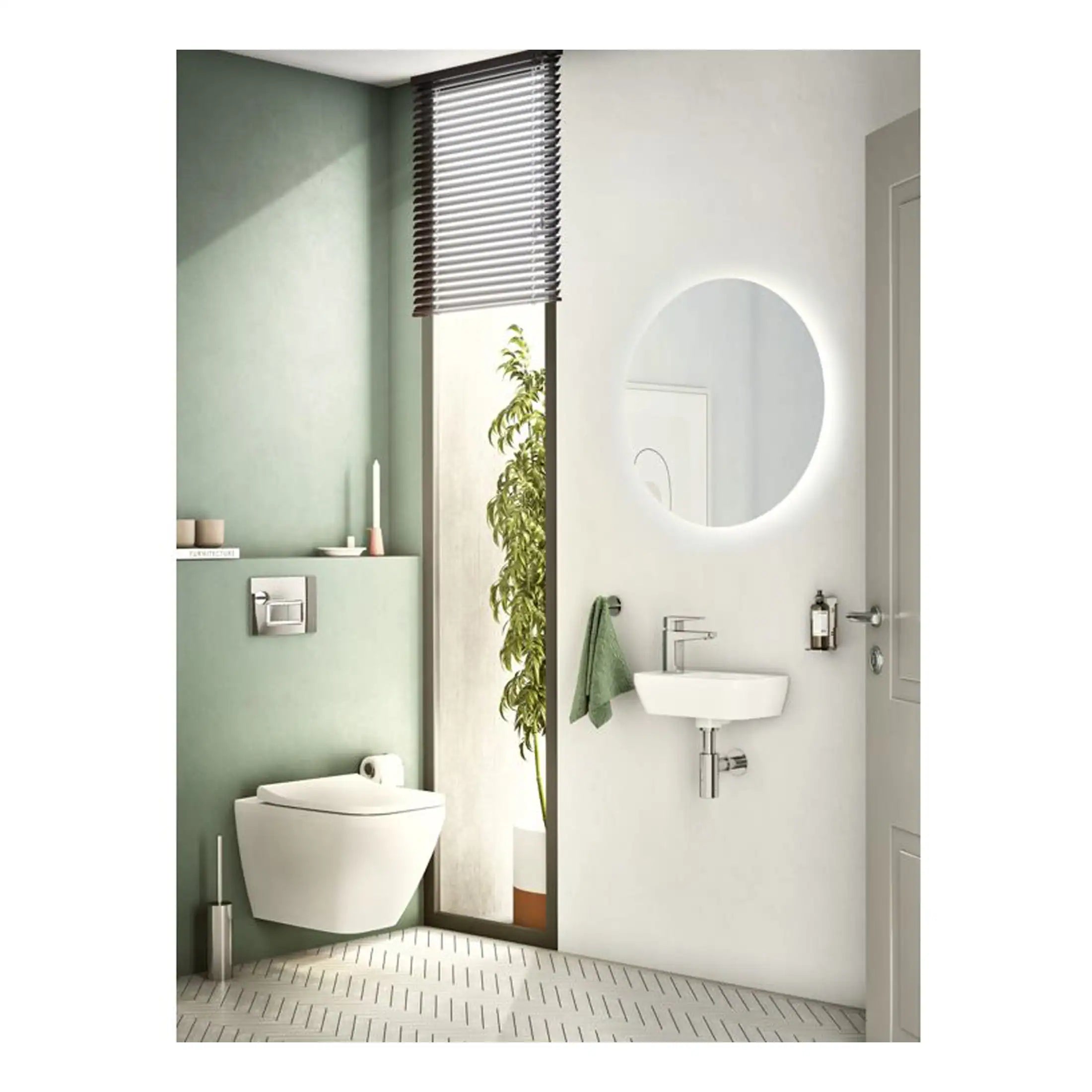 Modern compact bathroom with wall-mounted toilet and sleek sink, featuring contemporary design, soft green and white colour scheme, and stylish mirror with LED lighting for optimal space and aesthetics.