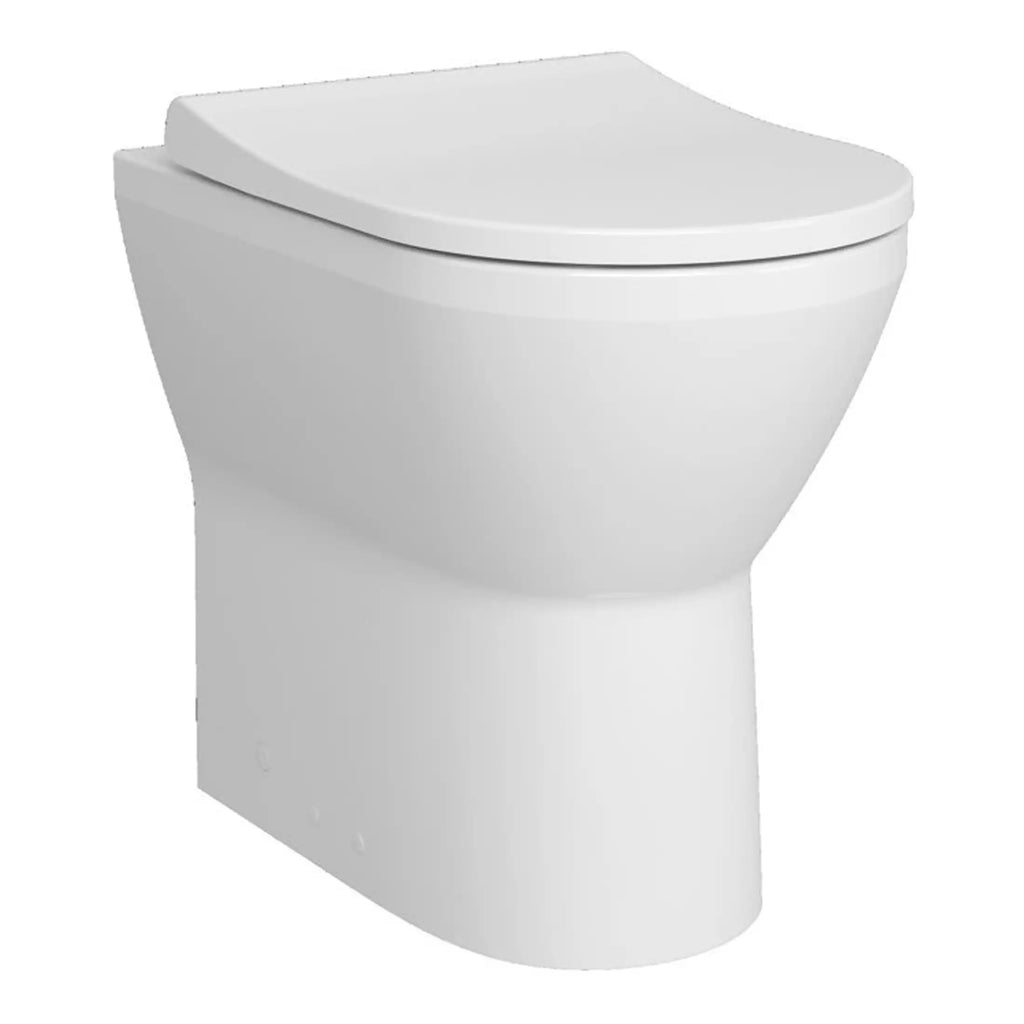Sleek modern white toilet featuring a concealed cistern and soft close lid, ideal for contemporary bathroom renovations and creating a clean, minimalist look.