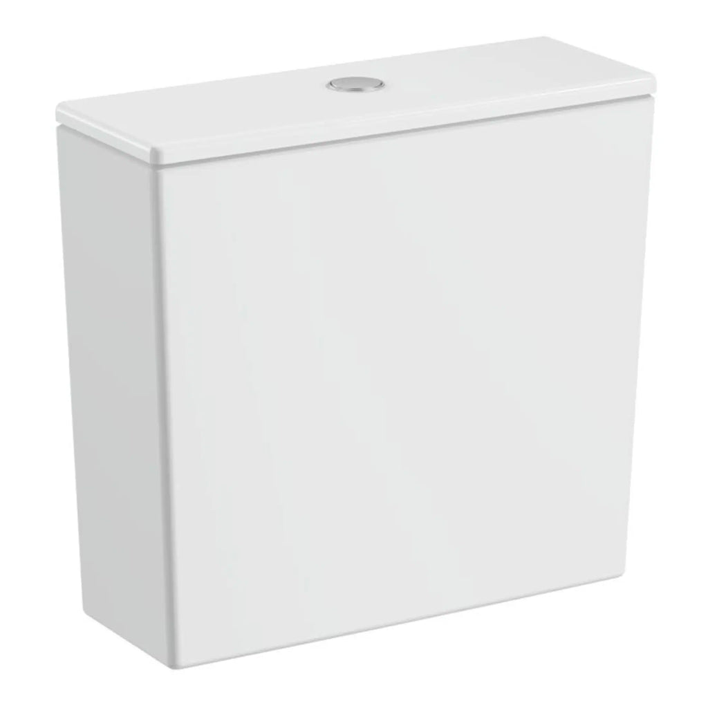 White toilet cistern with modern design for bathroom plumbing and water-saving flush systems.