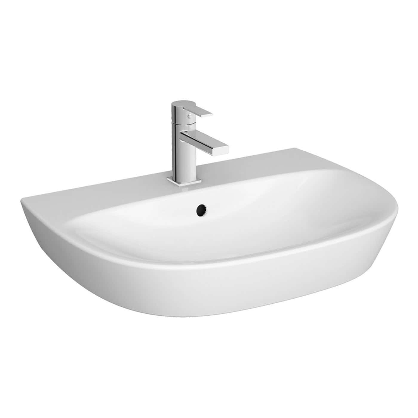 Sleek white ceramic bathroom sink with chrome faucet, modern fixture for contemporary bathroom designs. Durable and easy to clean, ideal for stylish and functional bathroom installations.