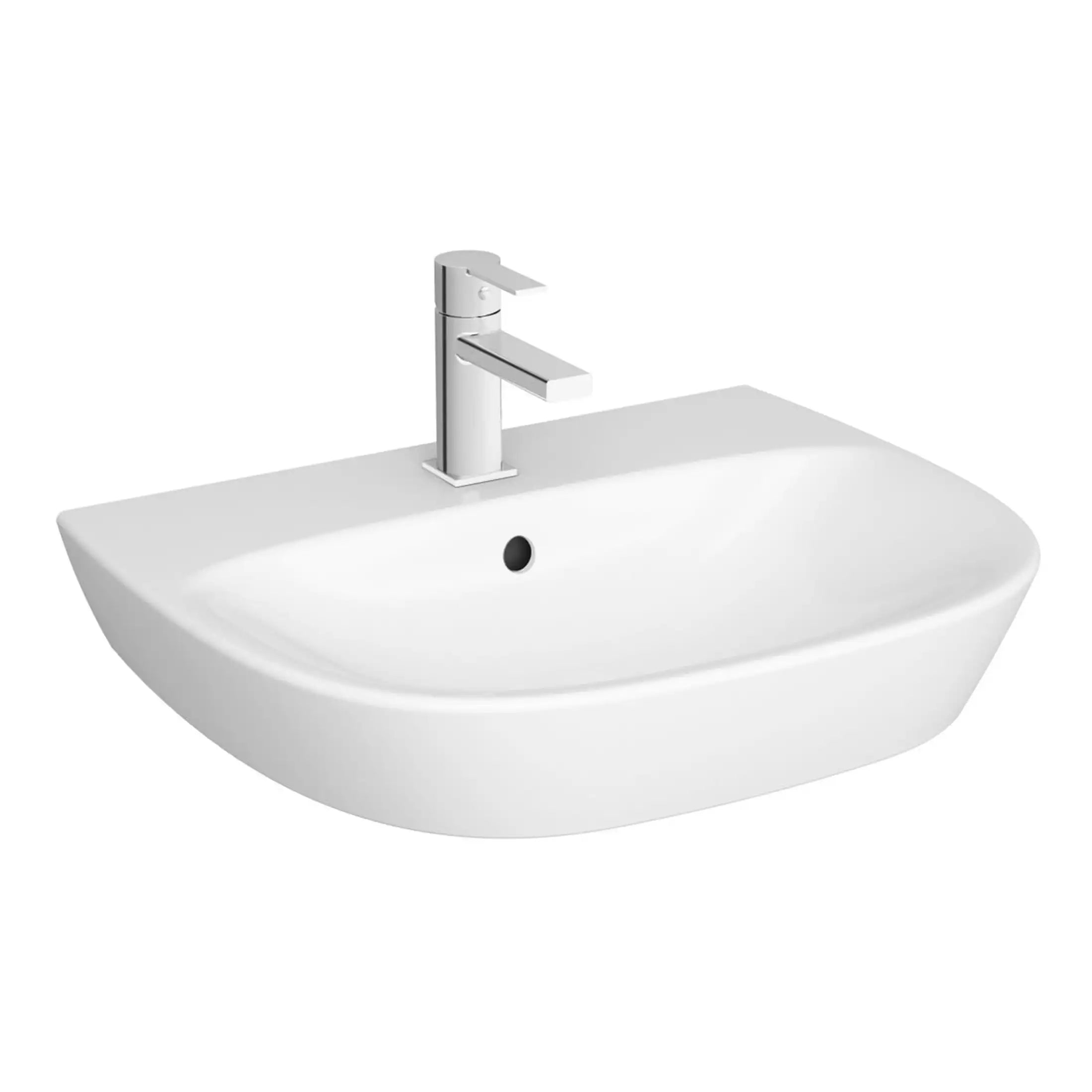 Sleek white bathroom sink with modern single-handle tap, designed for contemporary bathroom interiors, providing functionality and stylish aesthetics.