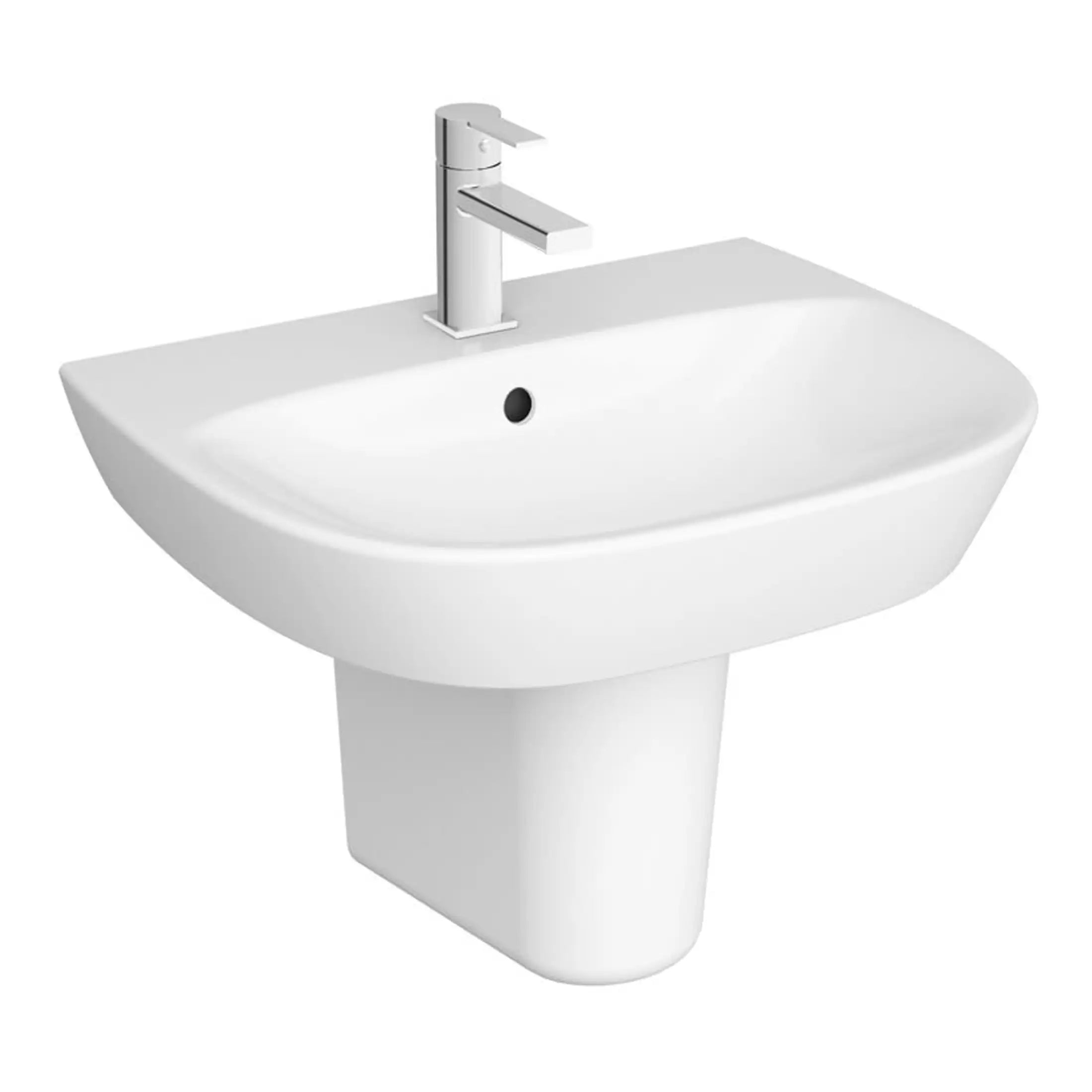 Sleek white bathroom wash basin with modern chrome single-handle faucet, ideal for contemporary bathroom decor and easy to clean, offering a stylish and functional sink solution.