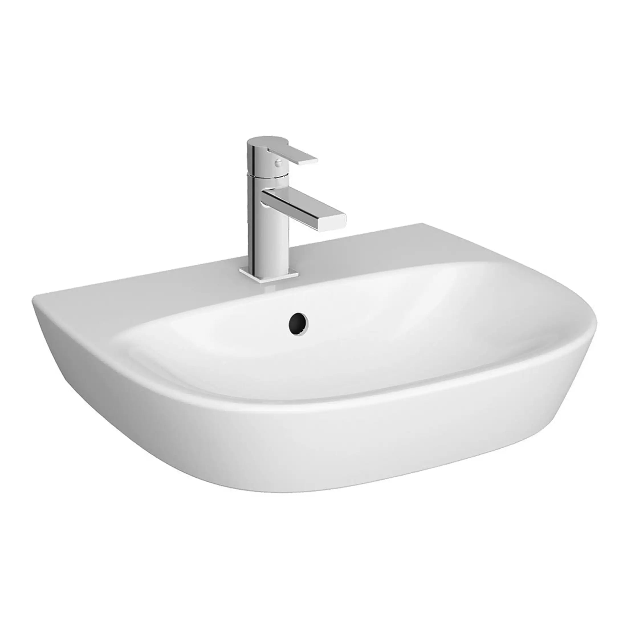 Sleek white bathroom sink with modern chrome tap, ideal for contemporary bathroom designs, featuring a rounded basin and smooth surface for easy cleaning.