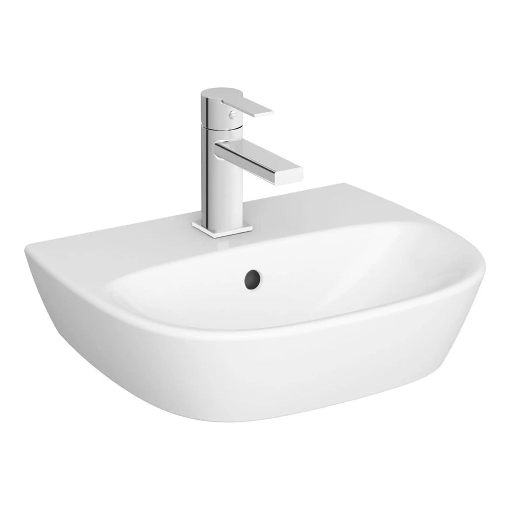 Sleek white bathroom basin with chrome-finished modern tap, designed for contemporary bathrooms and washbasins, offering functionality and elegant style.