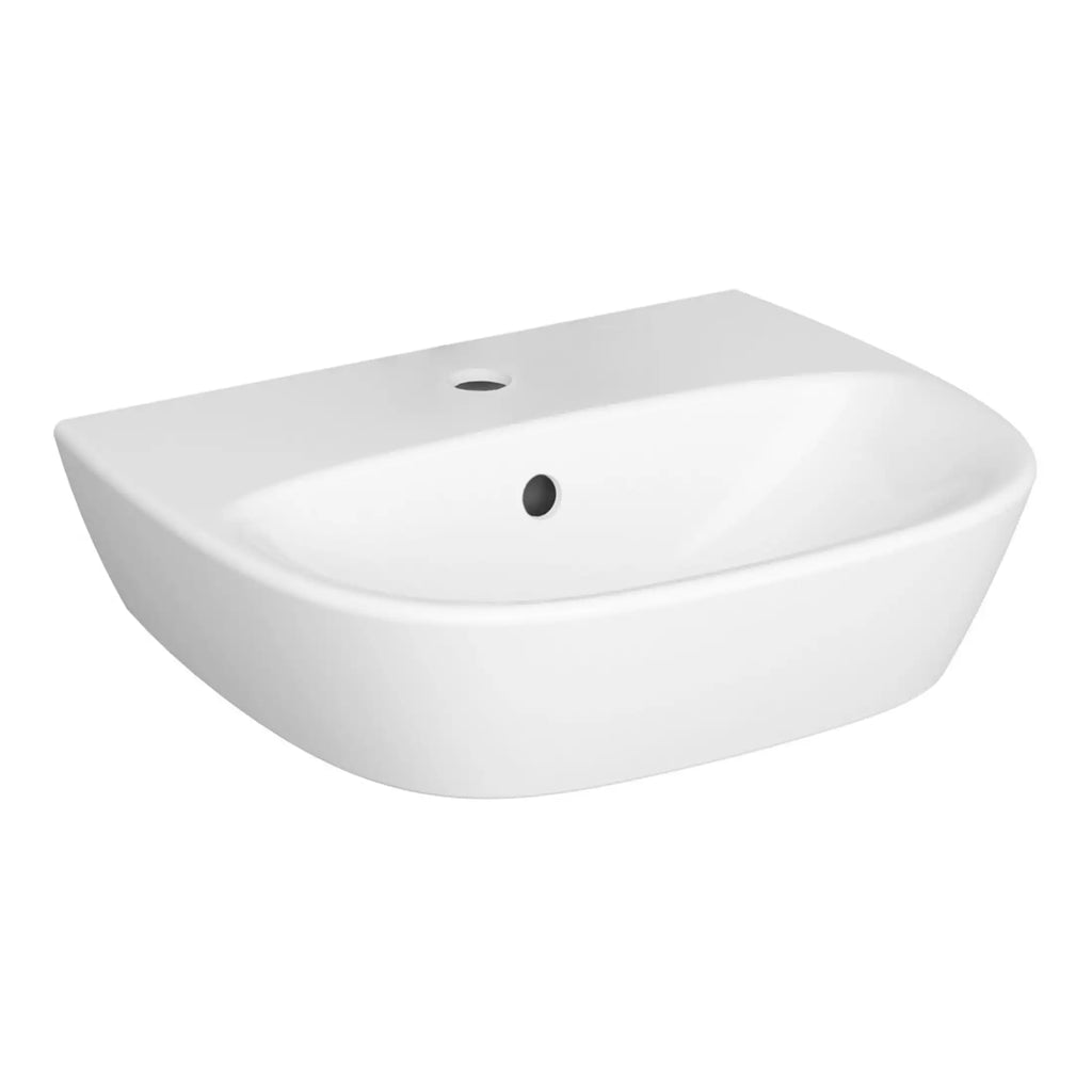 Sleek white ceramic wall-mounted bathroom sink with modern design and central drain hole, ideal for contemporary bathrooms.