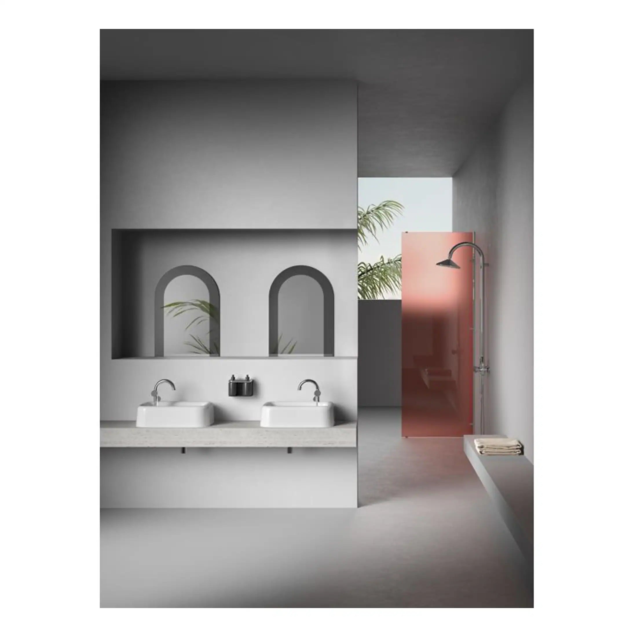 Sleek modern bathroom with double washbasins, minimalist design, neutral colour palette, stylish tap fixtures, and a walk-in shower with a pink glass panel, creating a contemporary and functional space.