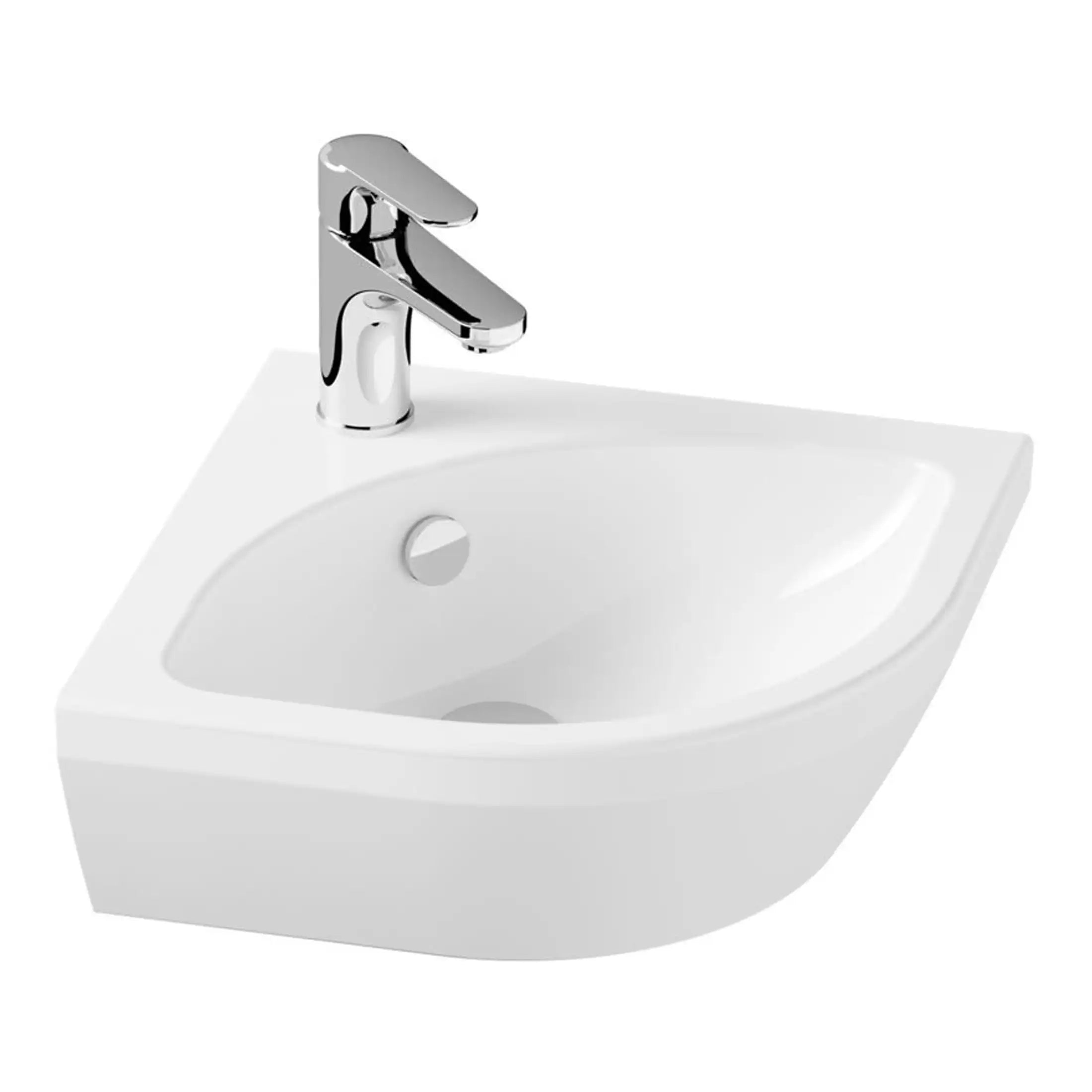 Sleek white bathroom sink with chrome faucet, modern design, ideal for contemporary bathrooms, durable ceramic finish, compact size for space-saving installation.