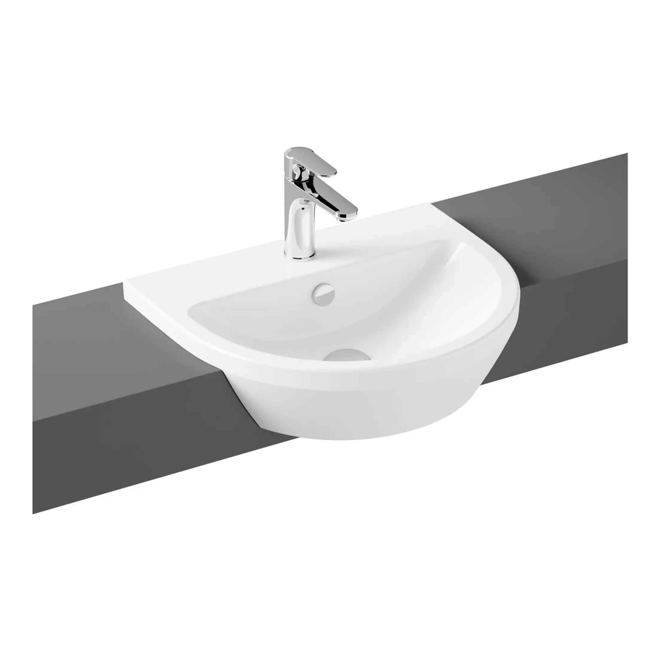 Sleek white bathroom sink with modern chrome faucet on grey countertop, ideal for contemporary bathroom designs. Durable ceramic finish, perfect for stylish and functional bathroom spaces.