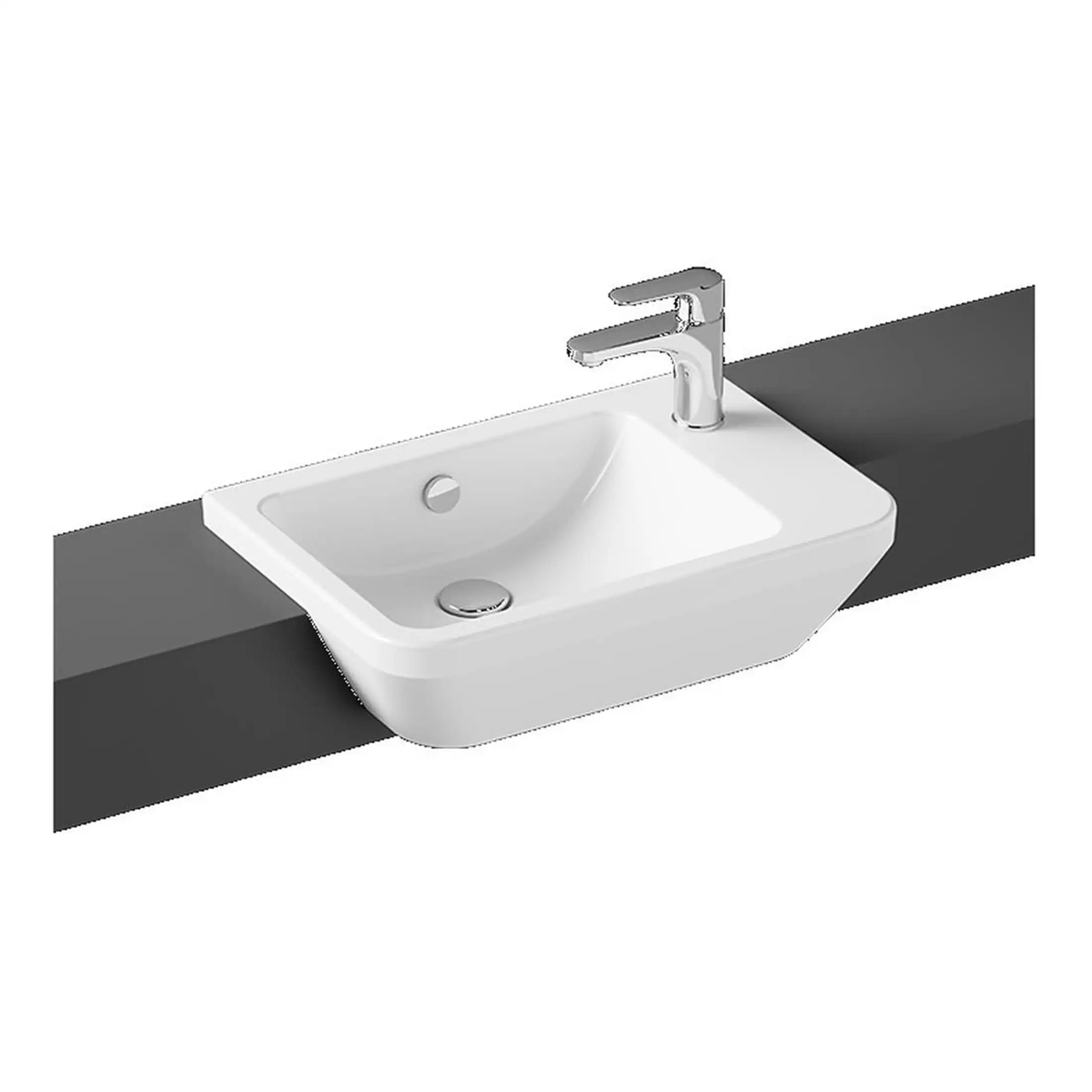 Sleek white bathroom sink with chrome faucet mounted on a dark countertop, modern bathroom design, minimalist style, high-quality sanitary fixture, ideal for contemporary bathrooms.