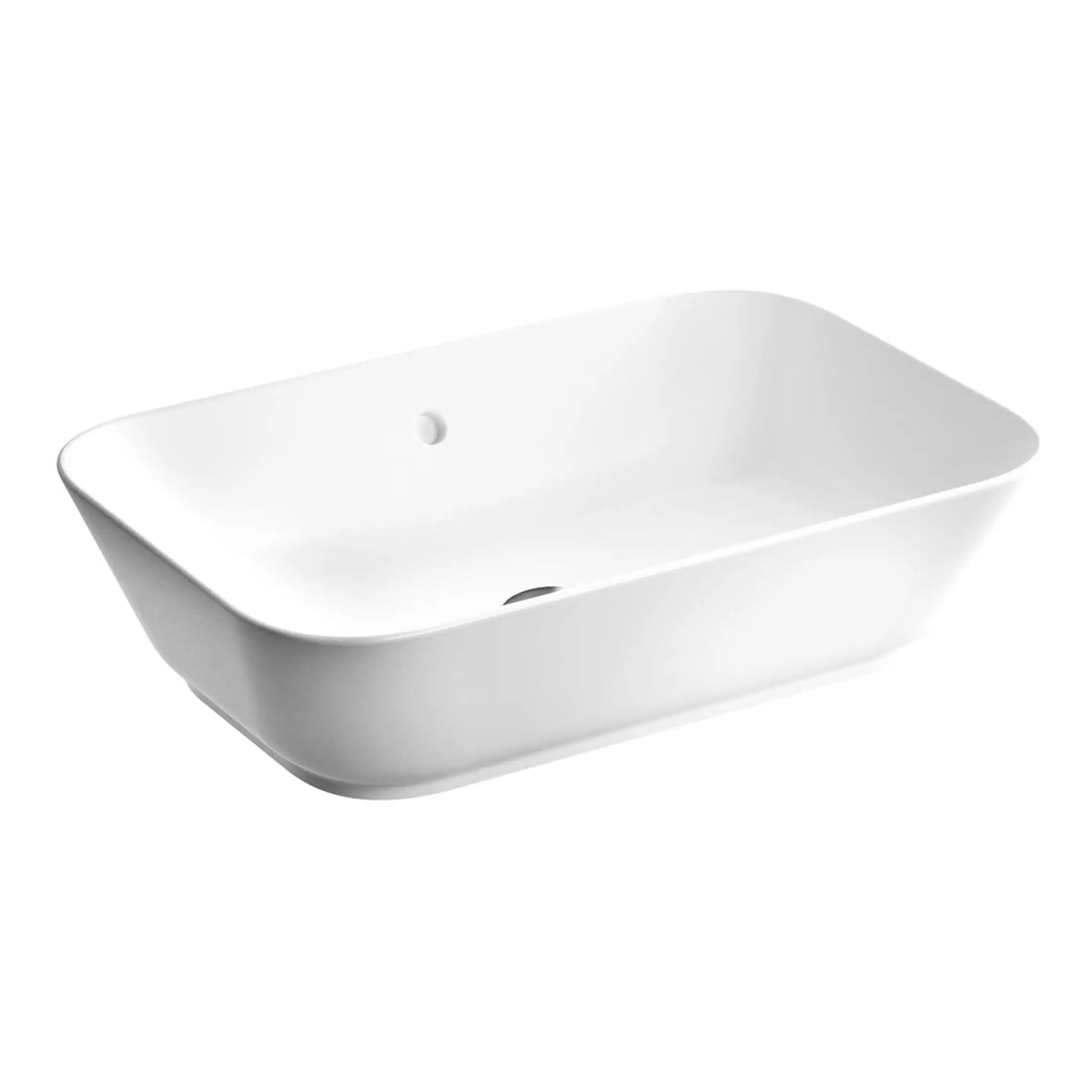 Sleek white rectangular bathroom sink with smooth curves, designed for modern bathroom installations, featuring a central drain and minimalist style.
