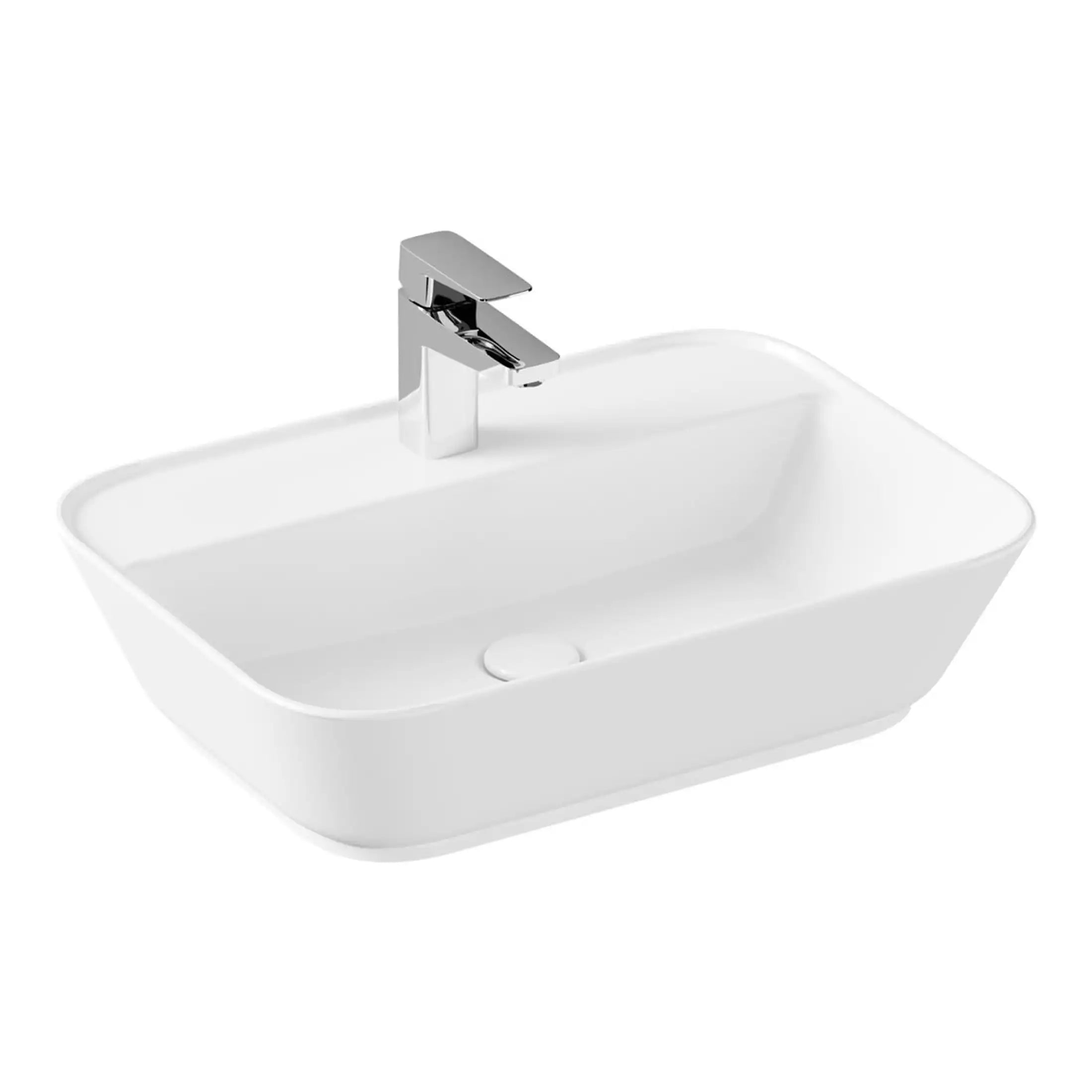 Sleek white bathroom sink with chrome faucet, modern design, ideal for contemporary bathrooms, durable ceramic material, easy to clean and maintain, perfect for stylish bathroom updates.