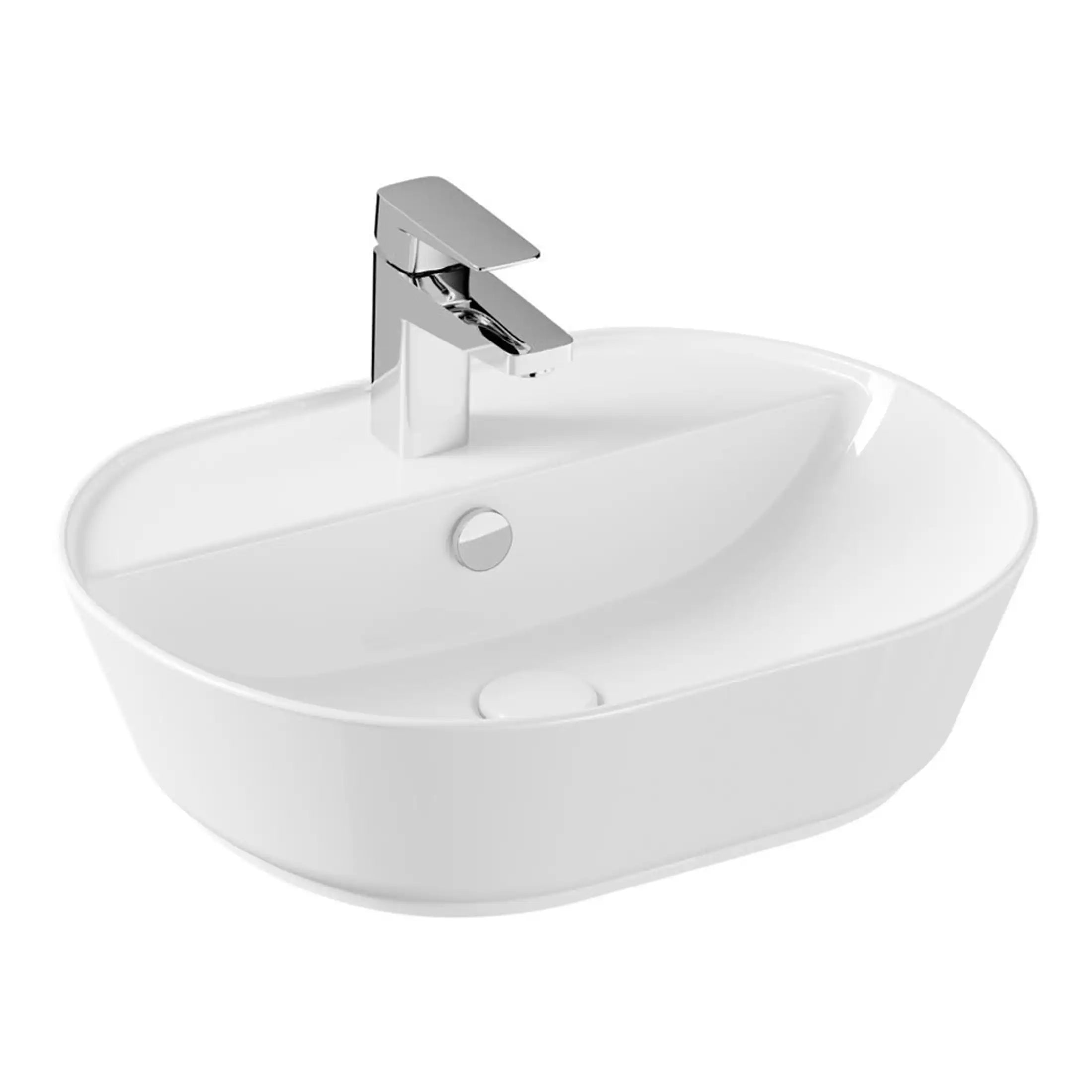 Sleek white bathroom sink with modern chrome faucet, perfect for contemporary bathroom decor, offering style and functionality.
