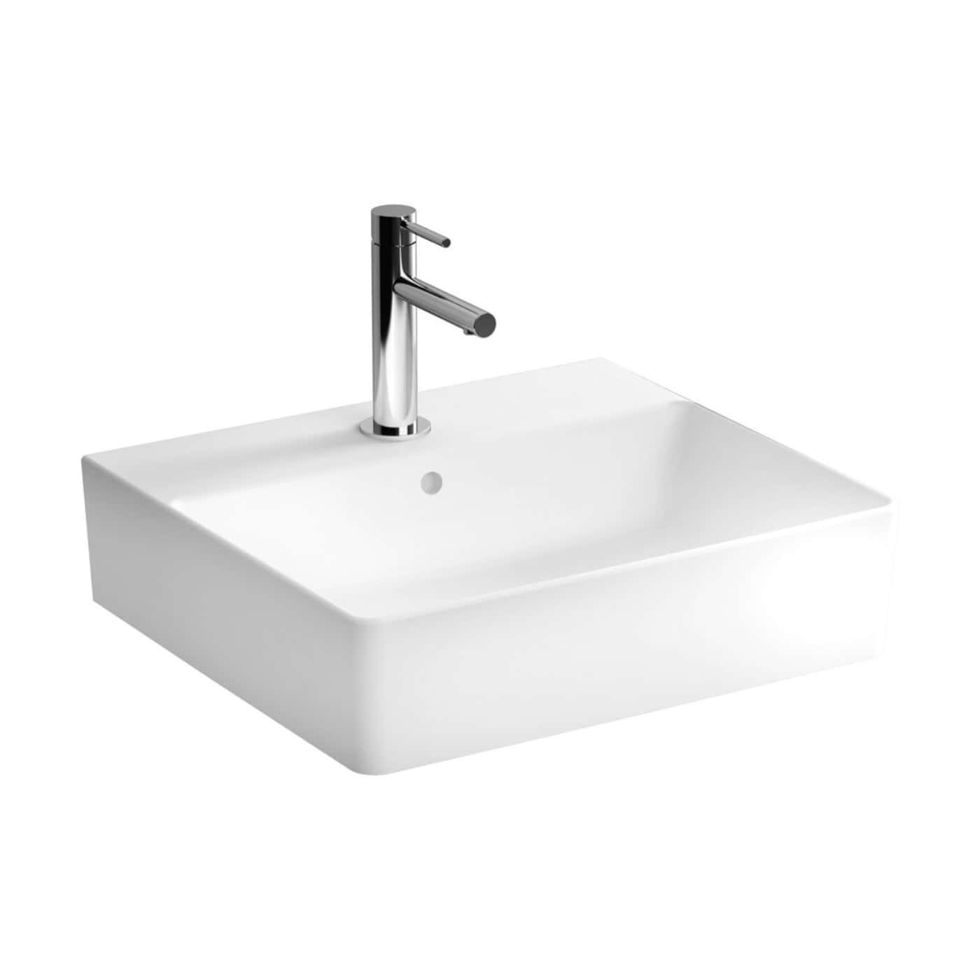 Sleek modern white bathroom sink with chrome mixer tap, ideal for contemporary bathroom or cloakroom designs. Durable ceramic wash basin with clean lines perfect for stylish updates.