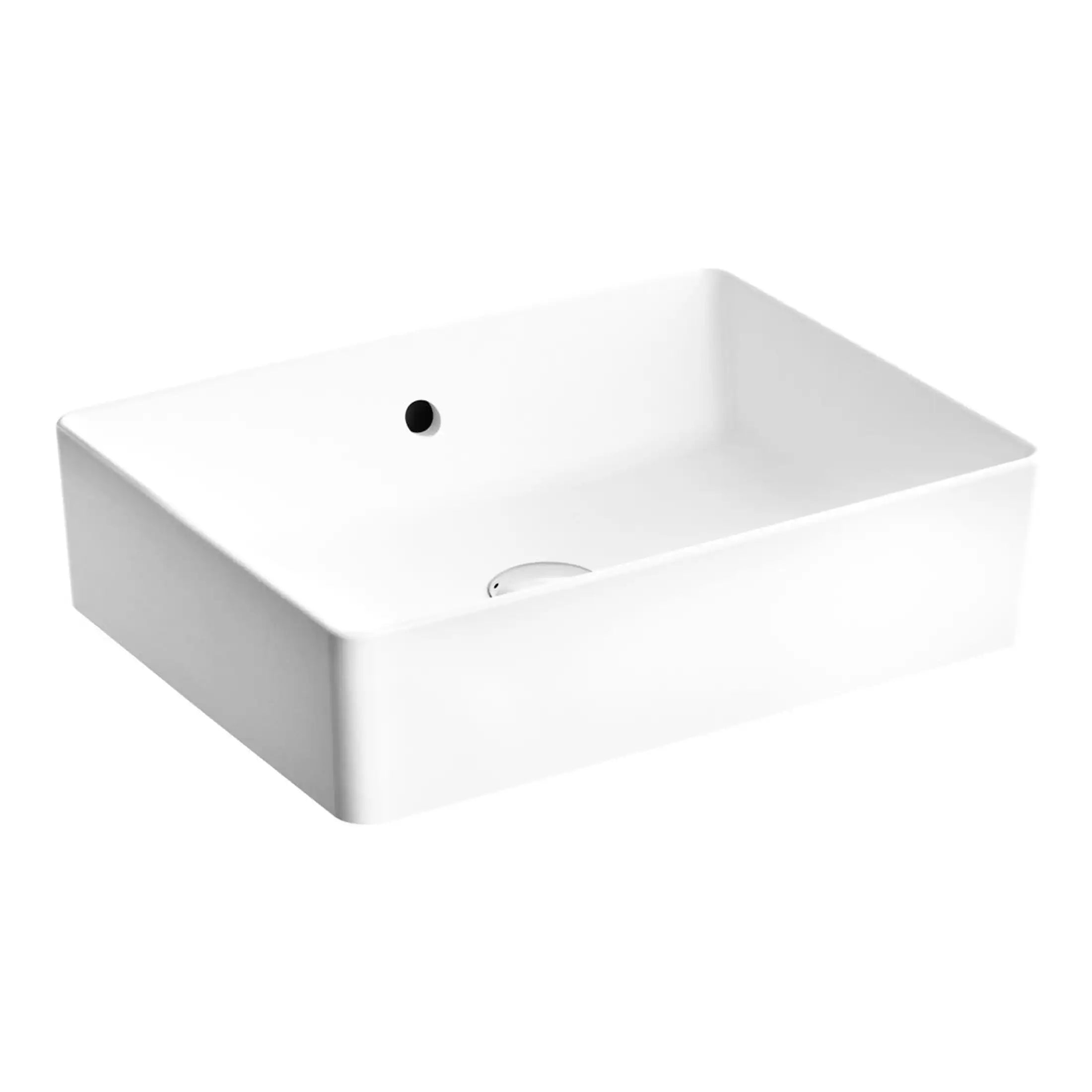 Modern white rectangular bathroom washbasin with sleek design and built-in overflow, ideal for contemporary bathrooms and easy cleaning.