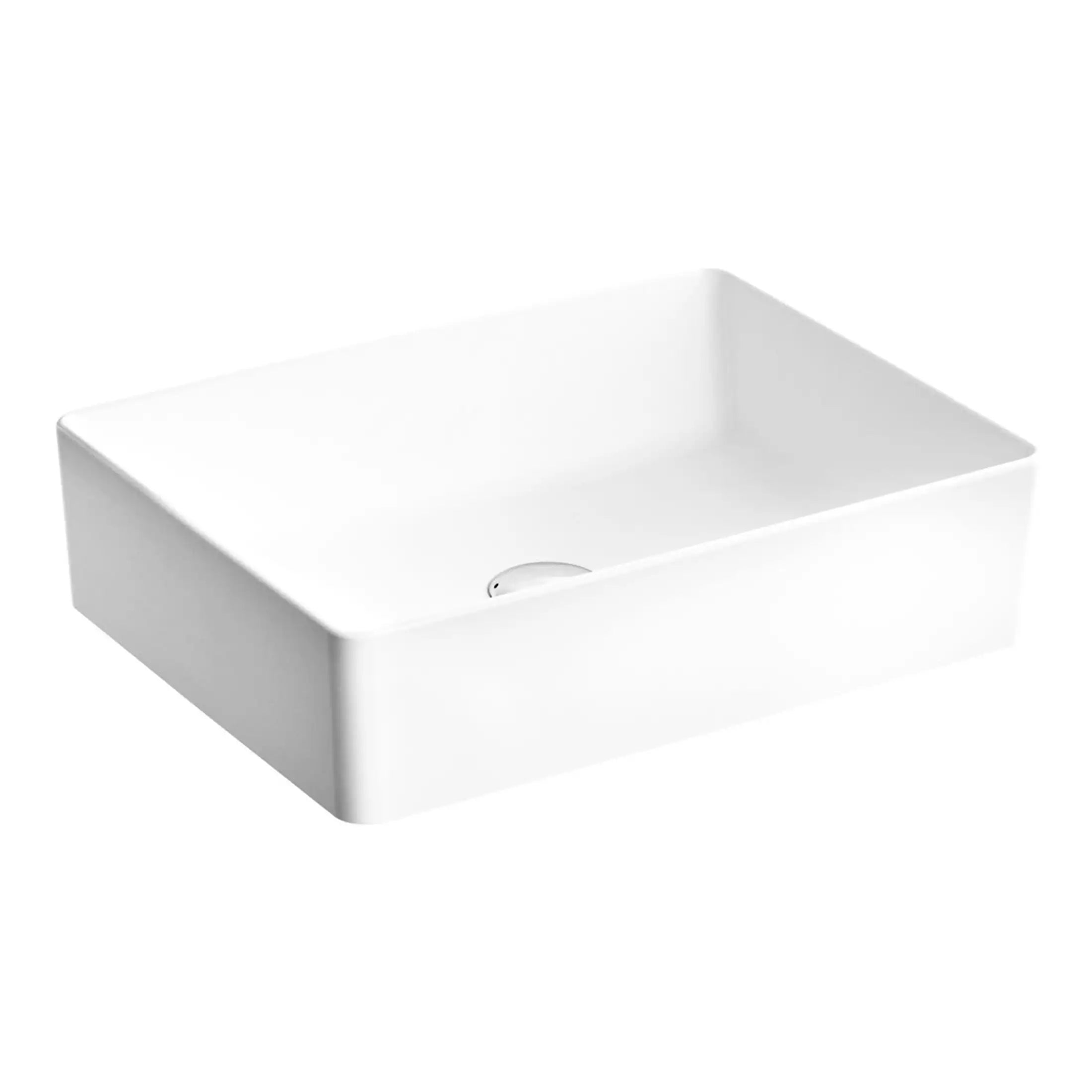 Modern white rectangular bathroom basin with sleek clean lines, perfect for contemporary bathroom design, durable ceramic construction, and easy to install.