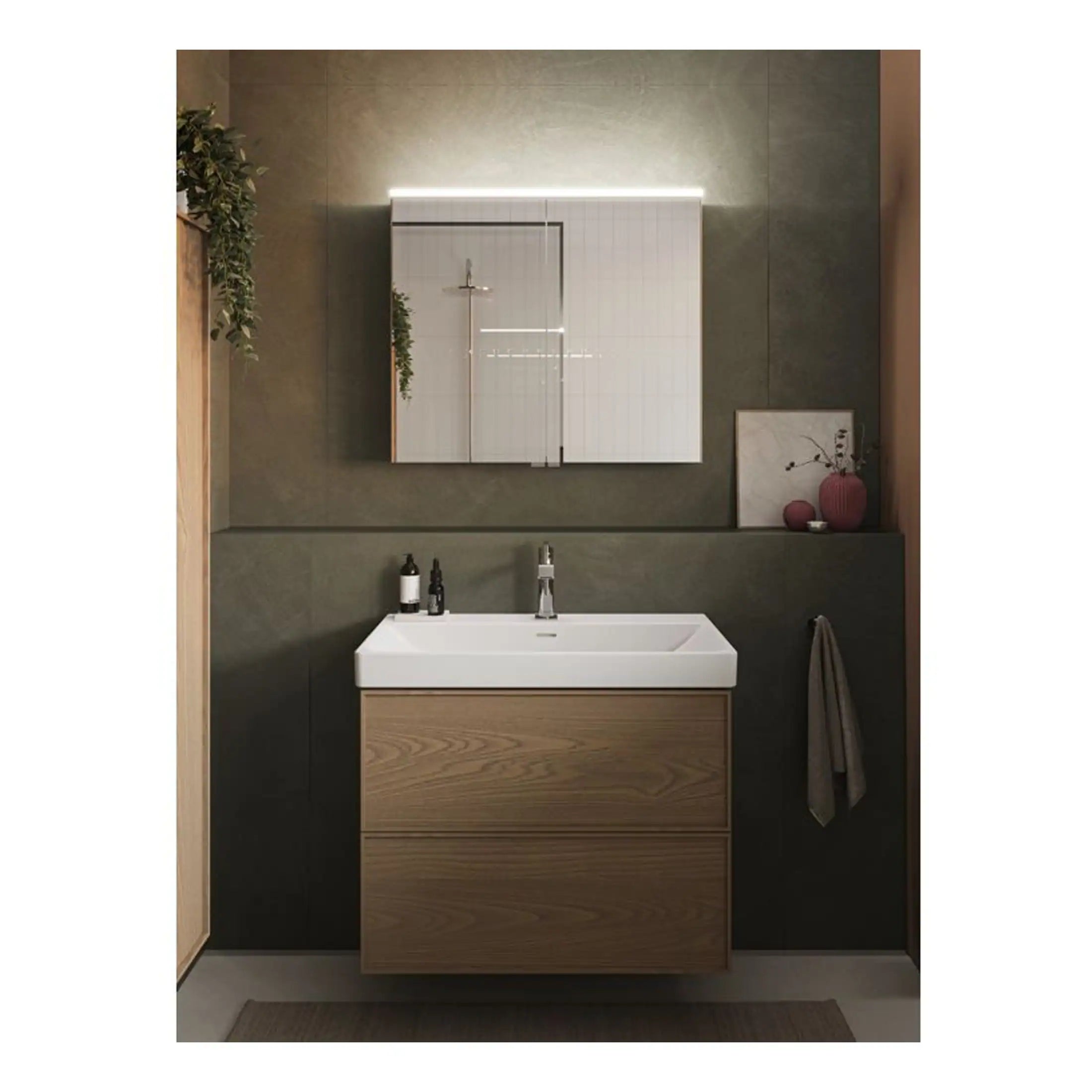 Contemporary bathroom with minimalist wooden vanity, wall-mounted mirror cabinet with LED lighting, and neutral-toned decor ideal for modern Bubly Bathrooms settings.