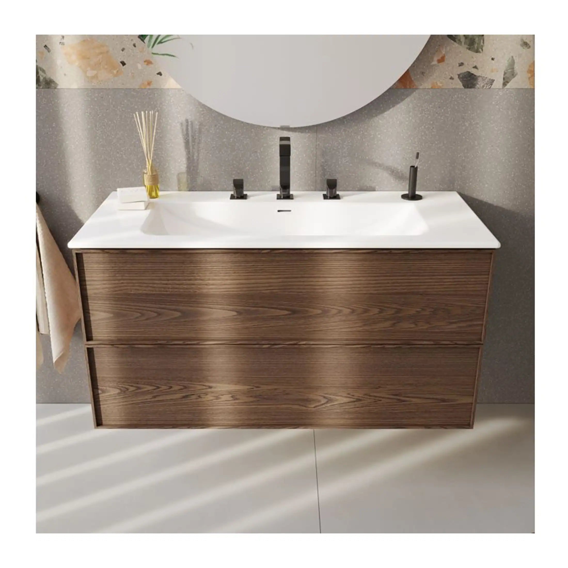 Sleek modern bathroom vanity with wooden finish and integrated double sink, black fixtures, and stylish mirror, ideal for contemporary bathroom bathroom design and renovations.