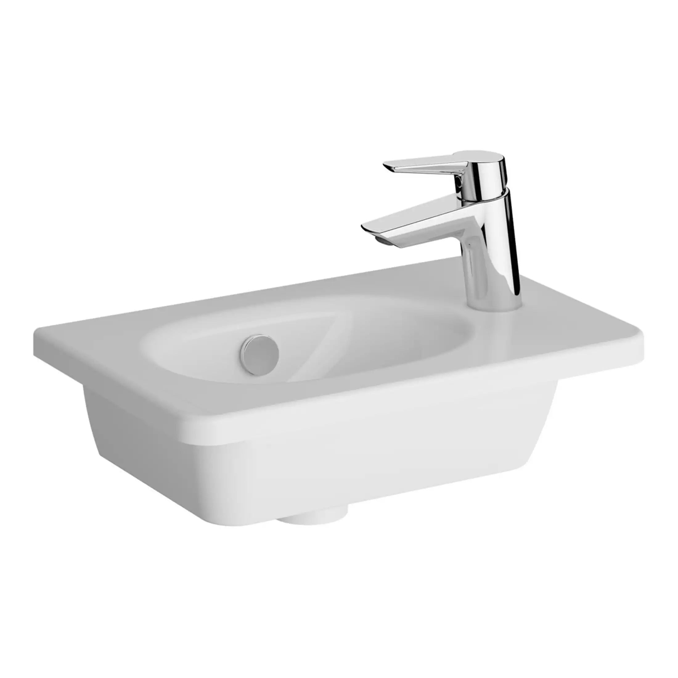 White bathroom sink with chrome faucet, compact design, ideal for modern bathrooms for stylish and functional space-saving basin.