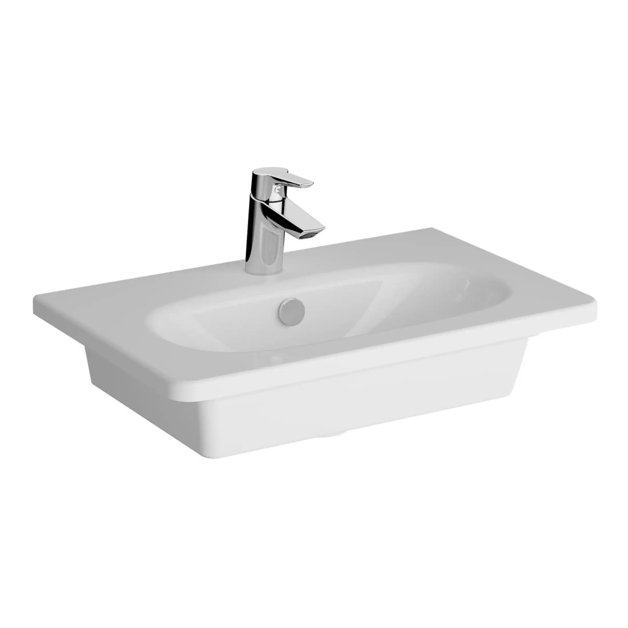 Modern white bathroom sink with chrome single-lever mixer tap, undermount design, ideal for contemporary bathroom renovation, featuring durable ceramic construction and sleek finish.
