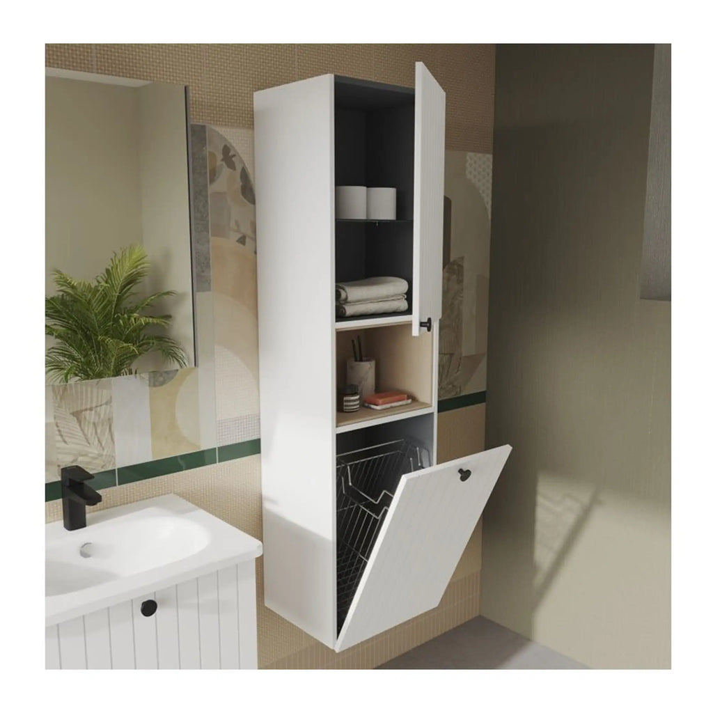 Modern white bathroom wall cabinet with open shelves for storage of towels, toiletries, and bathroom essentials, stylishly installed next to a bathroom sink.