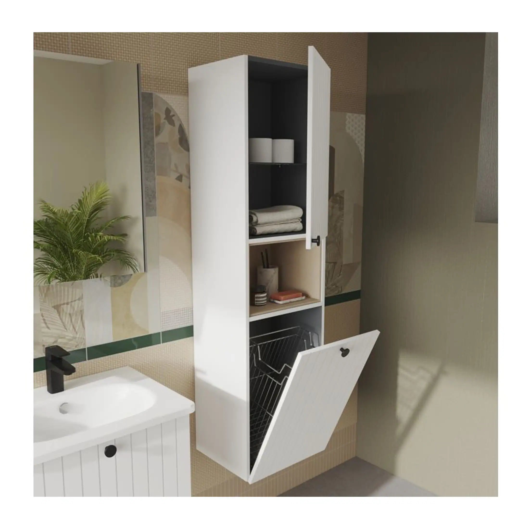 Modern white bathroom wall cabinet with open shelves for storage of towels, toiletries, and bathroom essentials, stylishly installed next to a bathroom sink.