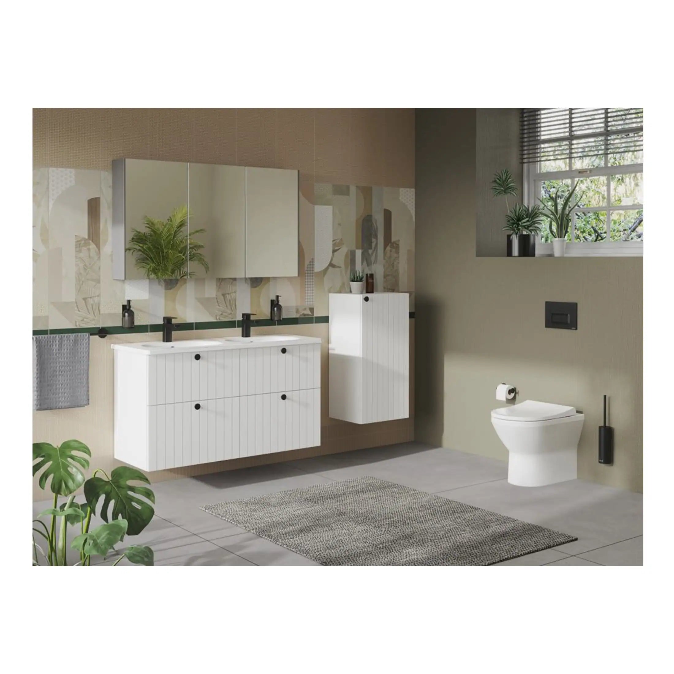 Contemporary white bathroom vanity with dual sinks, wall-mounted mirror cabinets, and modern black fixtures in a stylish bathroom with natural light and green decor.