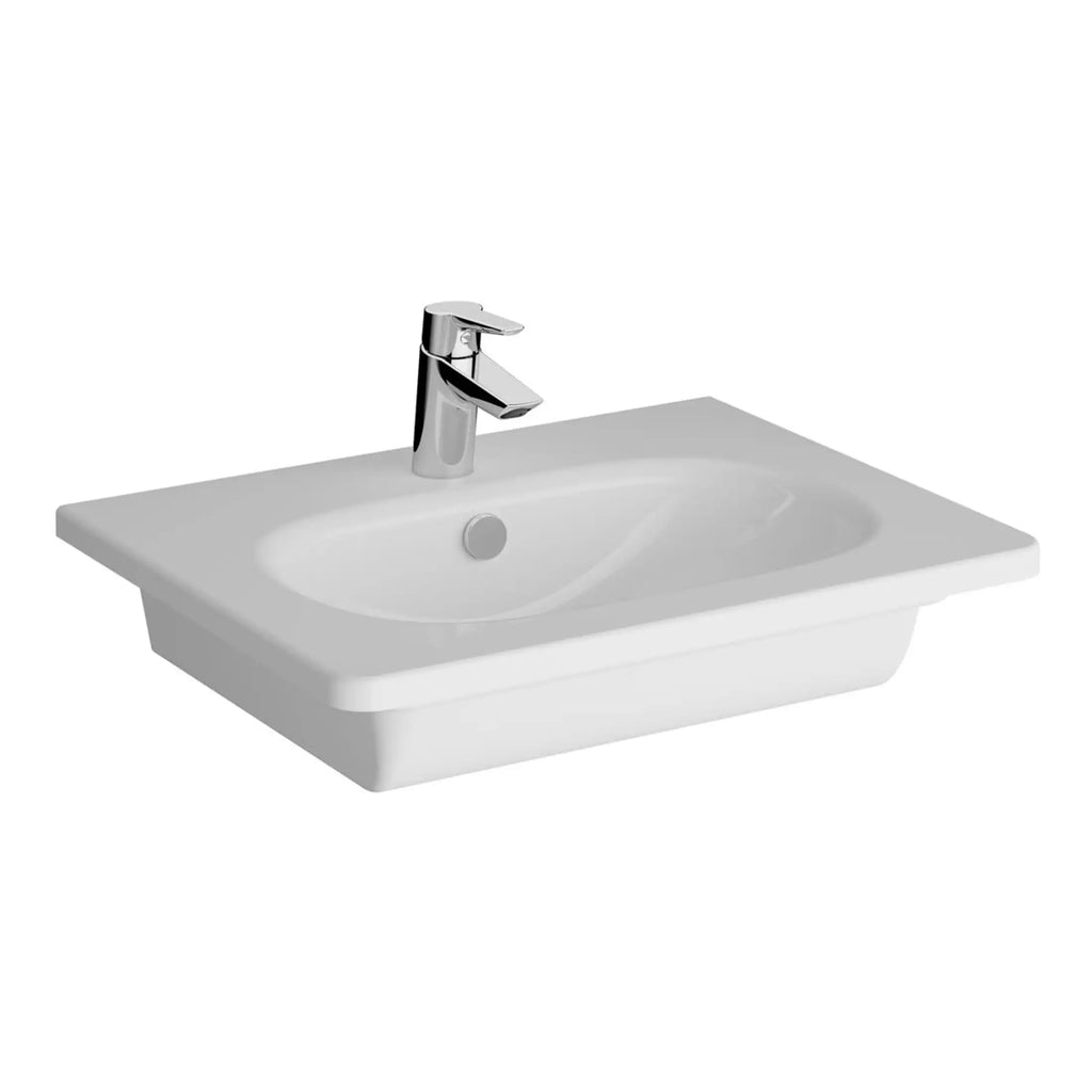 Modern white bathroom sink with chrome-finished faucet, designed for contemporary bathroom decor, offering functionality and style for everyday use.