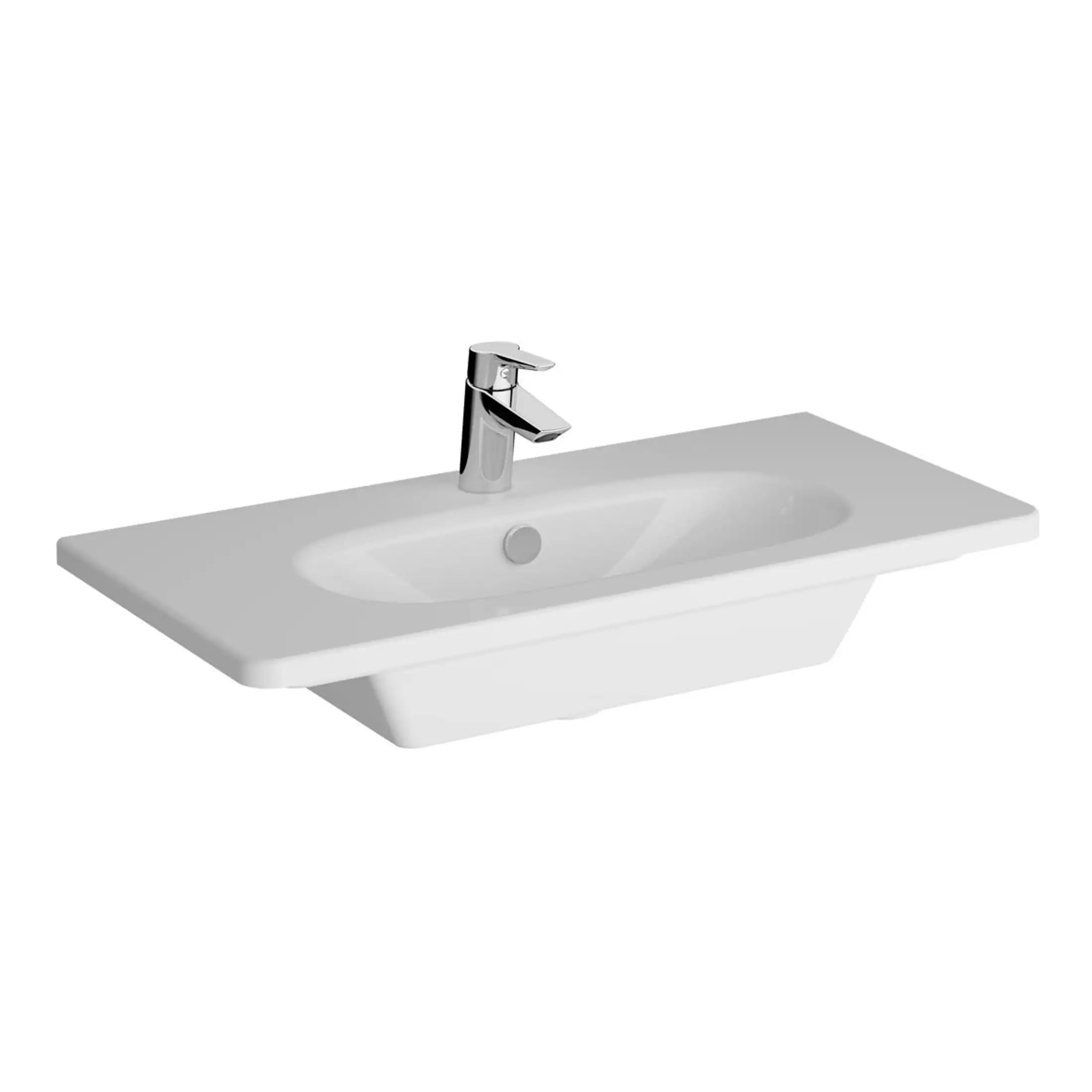 Sleek white bathroom sink with modern chrome faucet designed for contemporary bathroom aesthetics. Ideal for stylish and functional bathroom spaces.