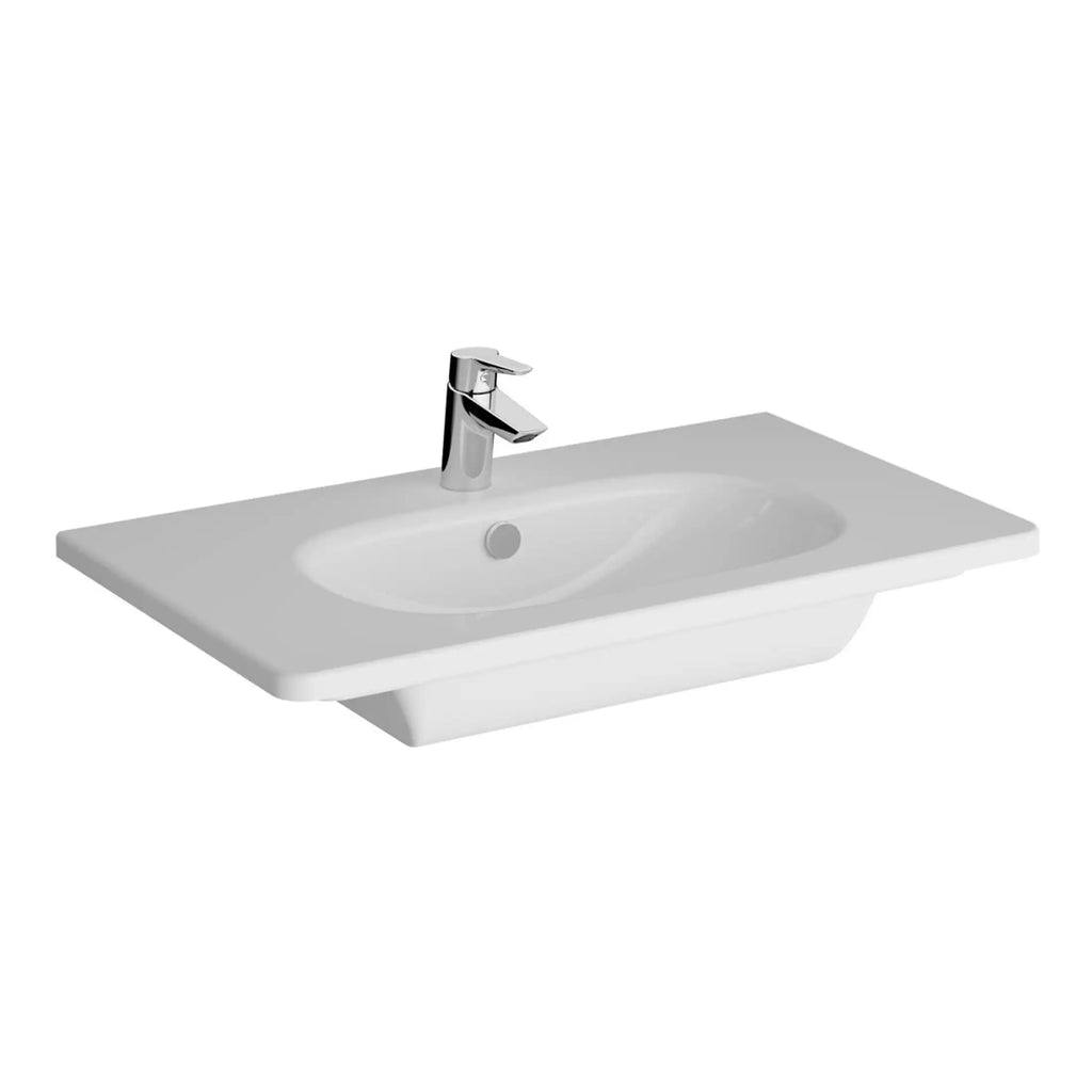 Ceramic bathroom sink with chrome faucet, modern washbasin for bathroom vanity, white rectangular design, ideal for contemporary bathroom decor.