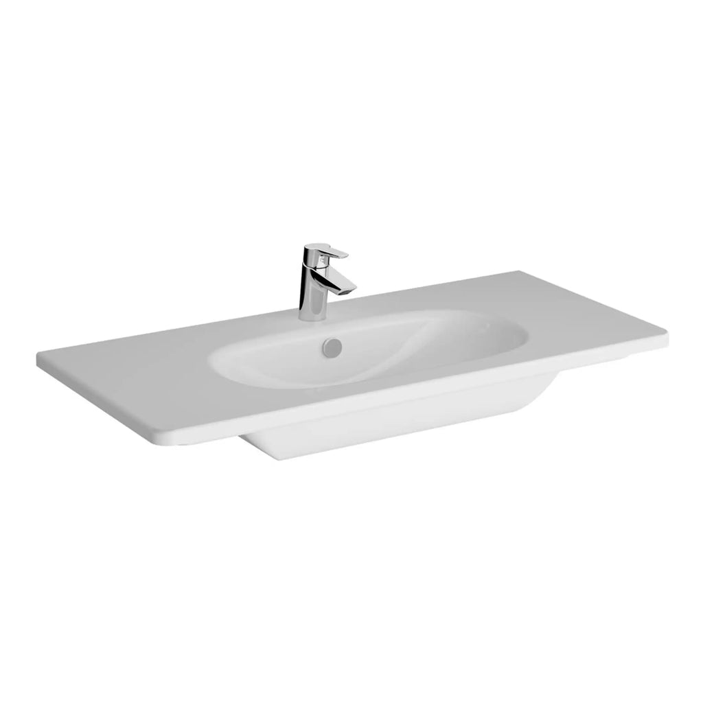 Sleek white bathroom vanity with integrated sink and modern chrome tap, ideal for contemporary bathroom designs. Perfect for stylish, functional bathroom furniture.