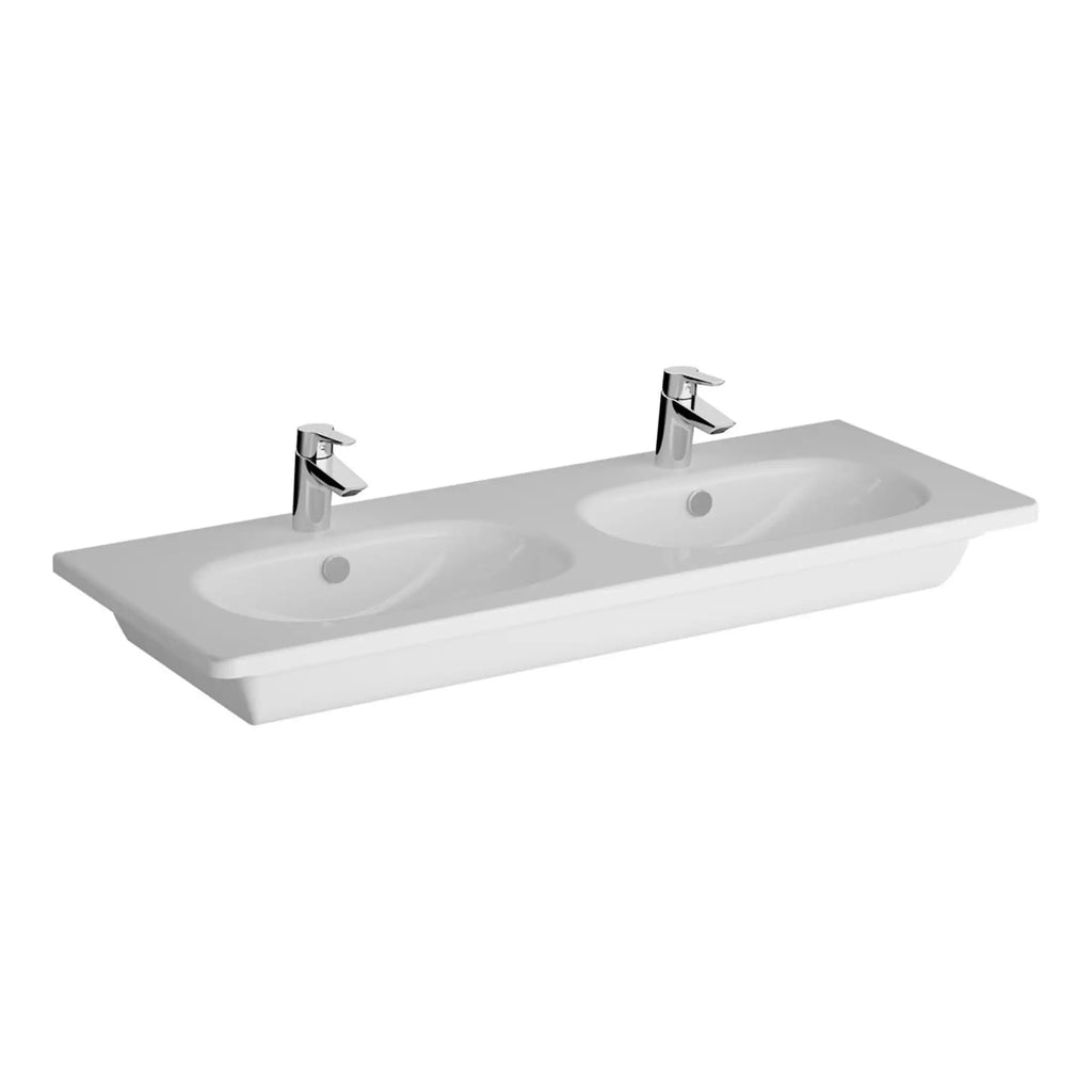 Double ceramic bathroom sink with two modern chrome mixers, ideal for shared washbasins, featuring a sleek design and easy-to-clean surface for contemporary bathrooms.