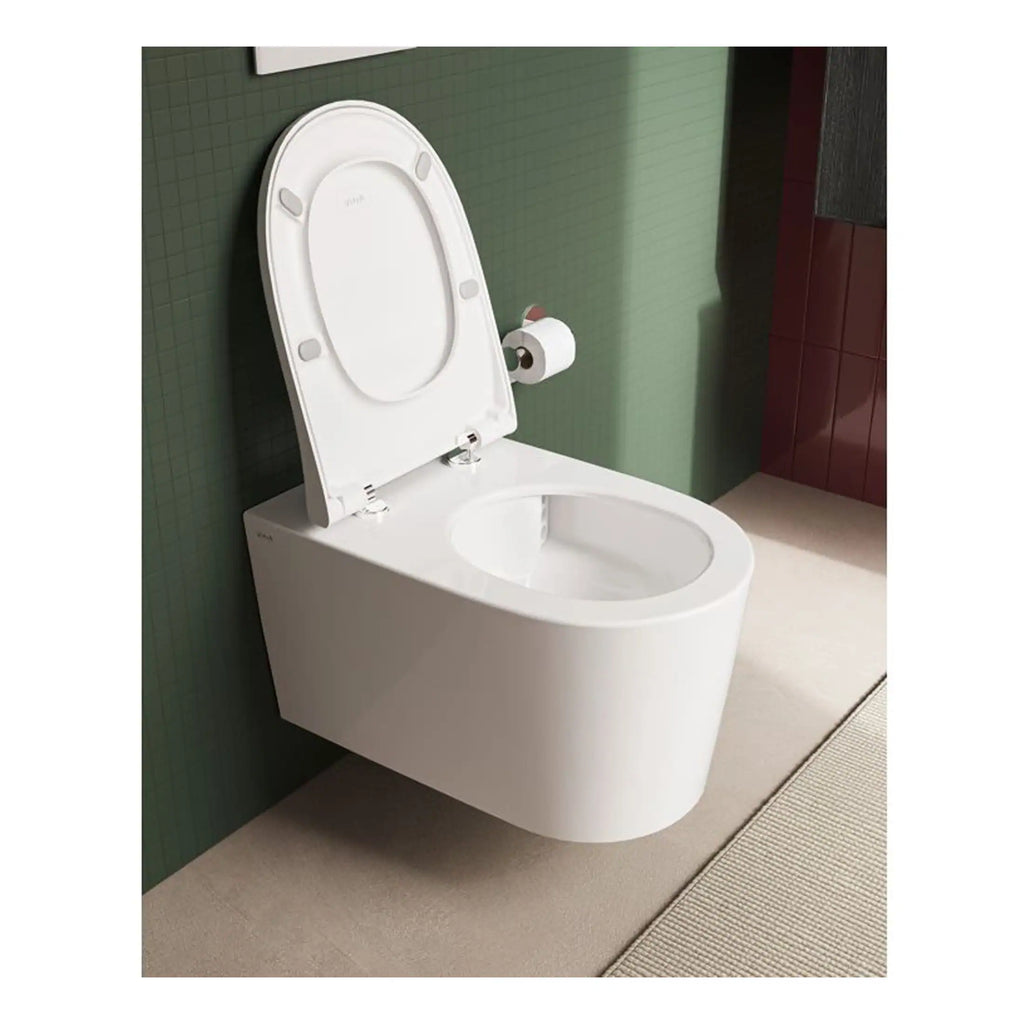 Sleek modern wall-mounted white toilet with open lid and toilet paper holder, designed for stylish and functional bathroom renovation.