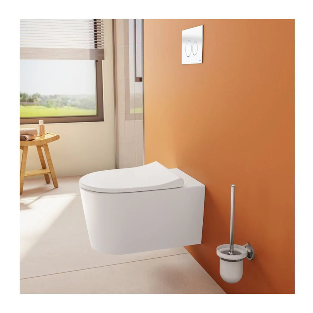 Toilet with integrated bidet and flush plate in modern bathroom setting.