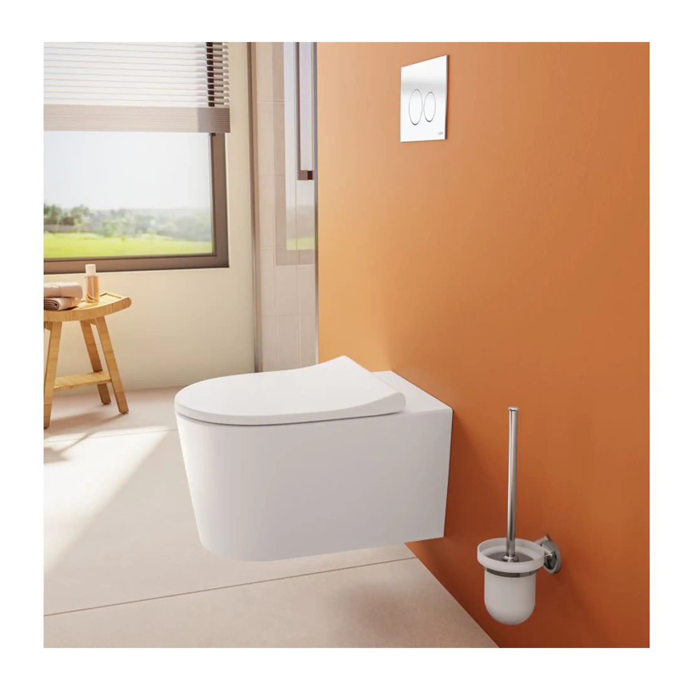 Toilet with integrated bidet and flush plate in modern bathroom setting.