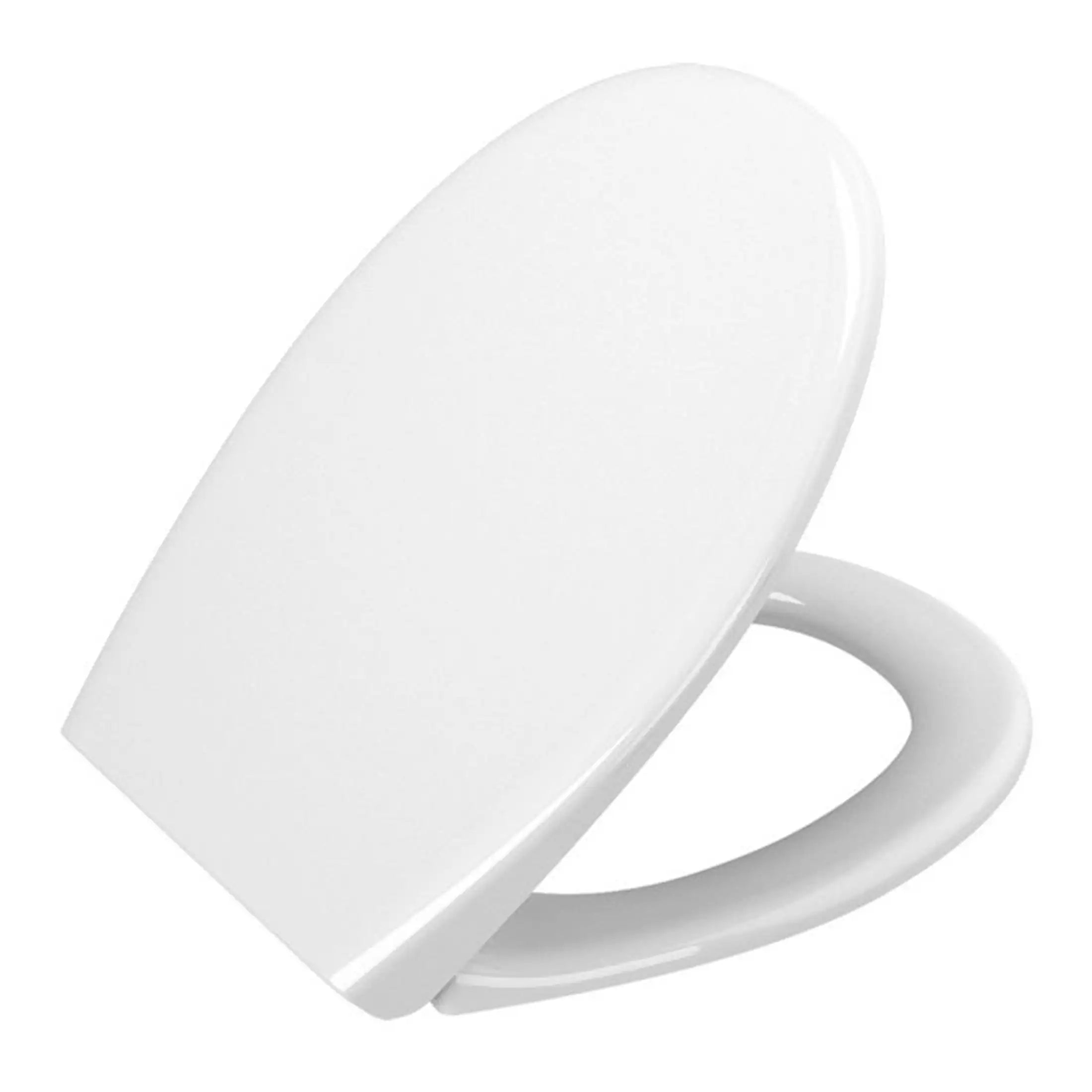 Sleek white plastic toilet seat with soft-close lid, ideal for modern bathrooms, promoting hygiene and comfort. Perfect upgrade for stylish and functional toilet solutions.