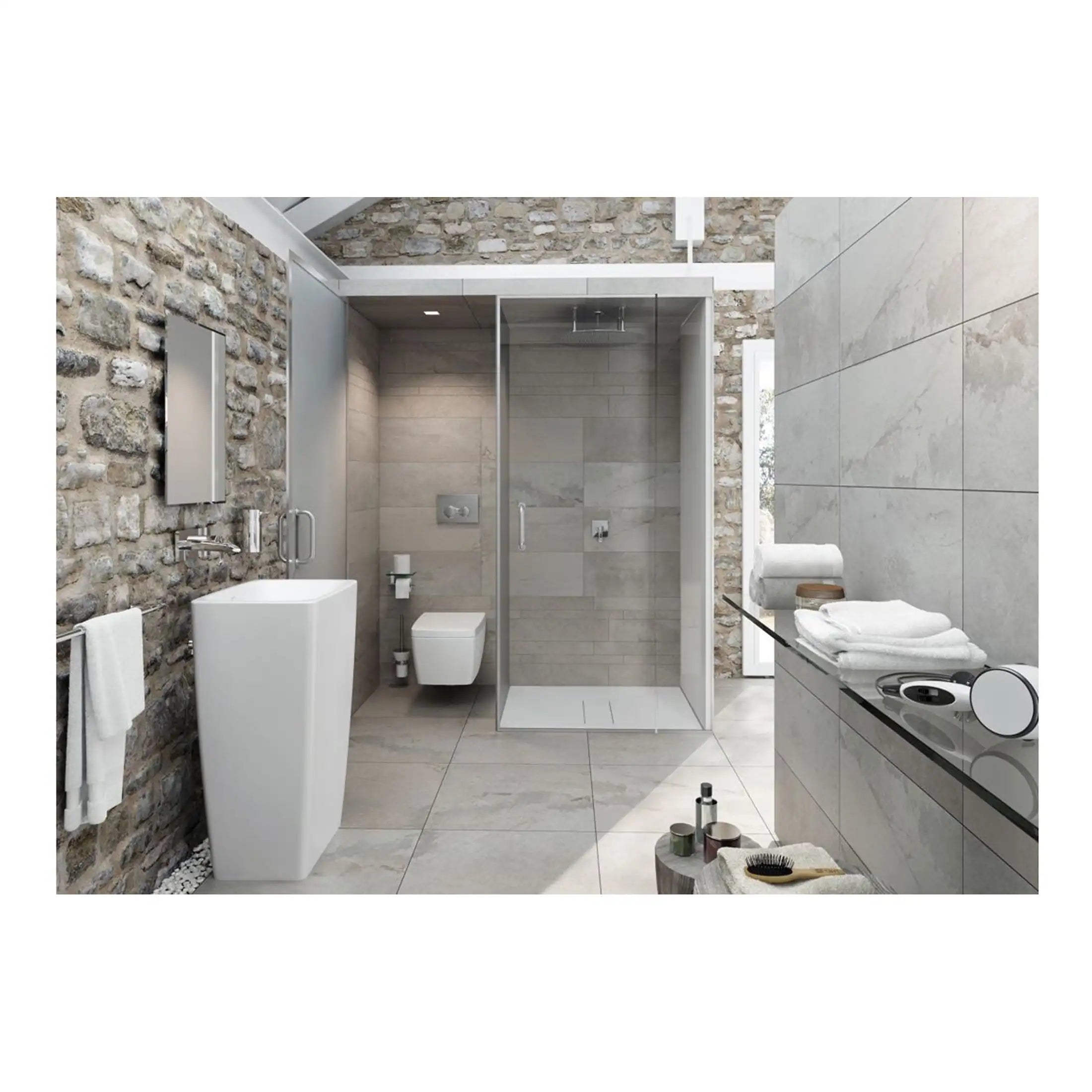 Modern urban bathroom with stone walls, walk-in shower, freestanding sink, and contemporary white toilet, highlighting sleek design, natural textures, and minimalistic luxury.